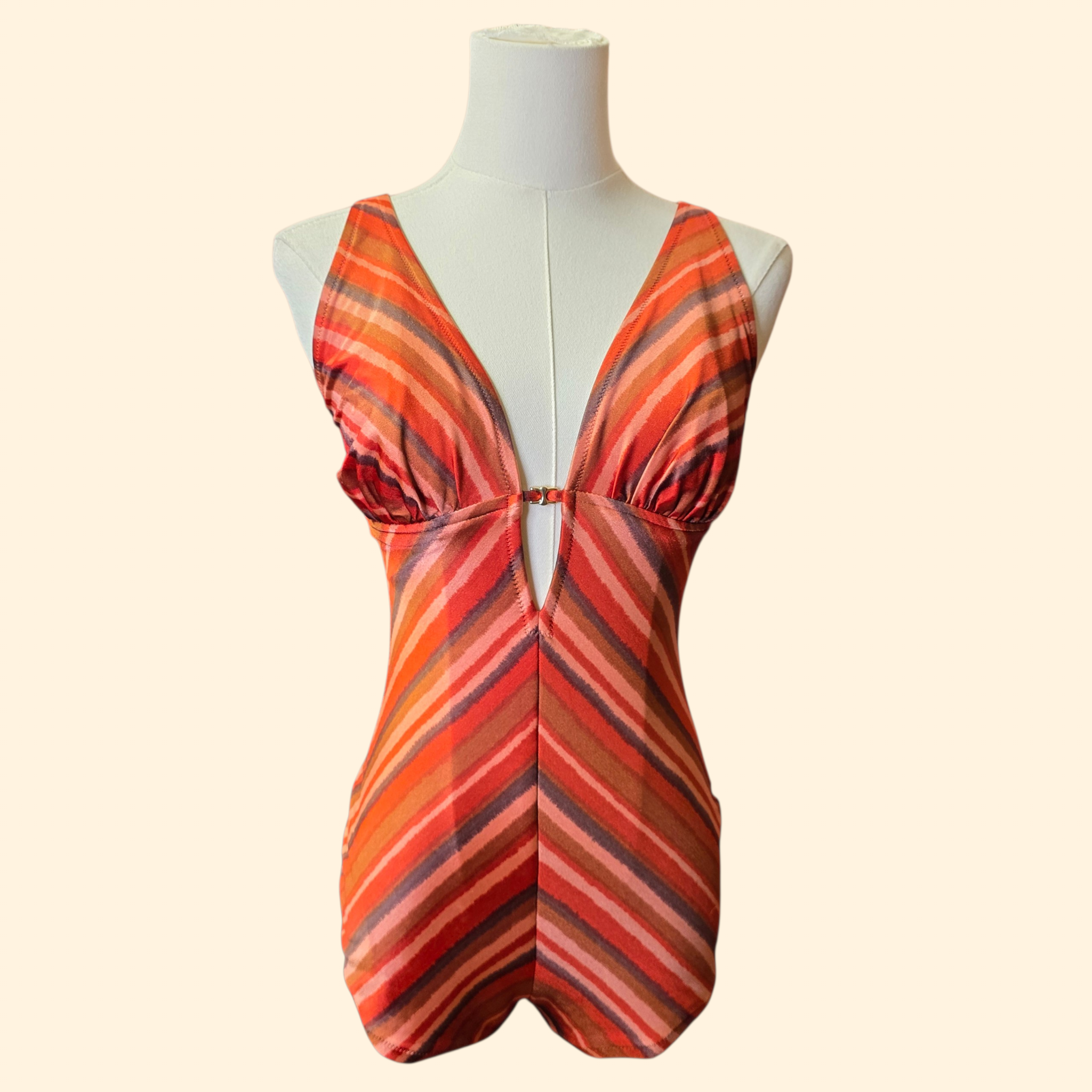 1970s Striped One Piece Swimsuit ~ Medium ~ Rust Coral Brown Chevron Bathing Suit
