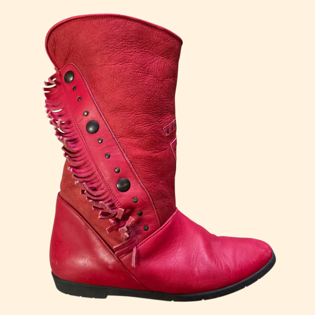 1980s Red Suede and Leather Studded Fringe Boots ~ EU 36 US  5.5 6 ~ Western Red Cowboy Cowgirl