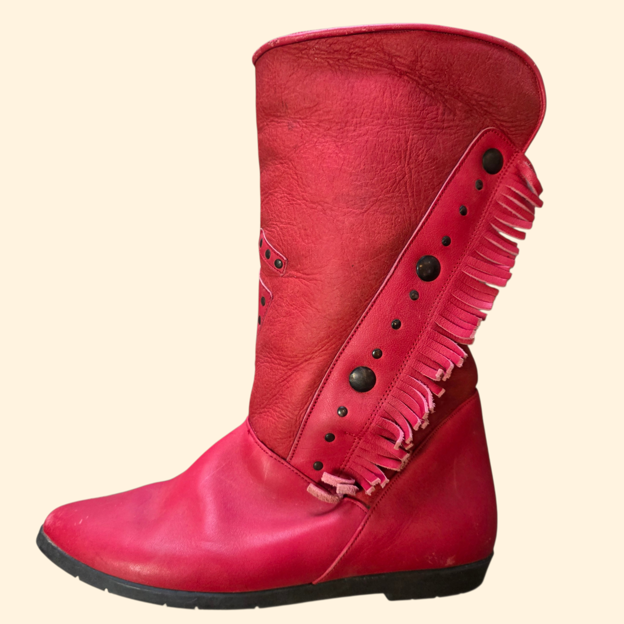 1980s Red Suede and Leather Studded Fringe Boots ~ EU 36 US  5.5 6 ~ Western Red Cowboy Cowgirl