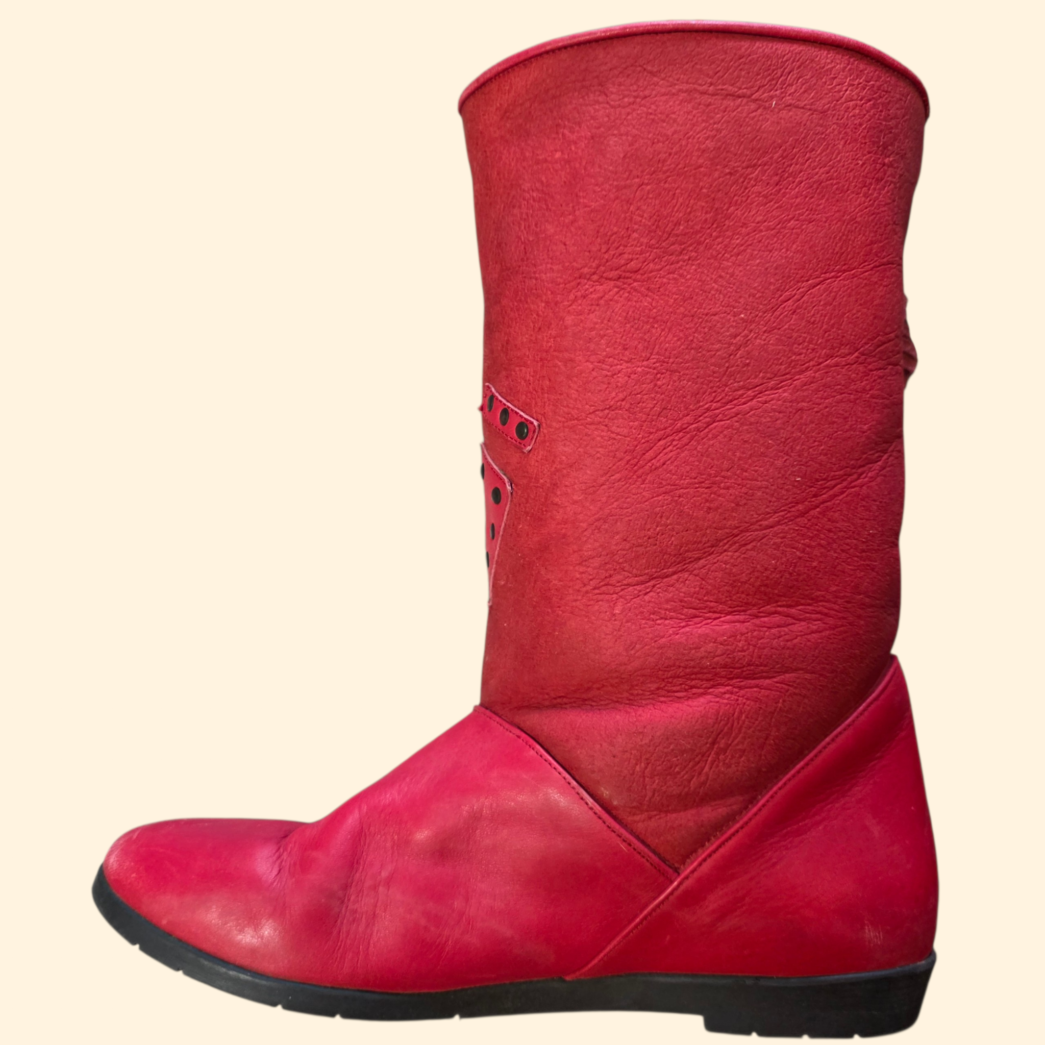 1980s Red Suede and Leather Studded Fringe Boots ~ EU 36 US  5.5 6 ~ Western Red Cowboy Cowgirl