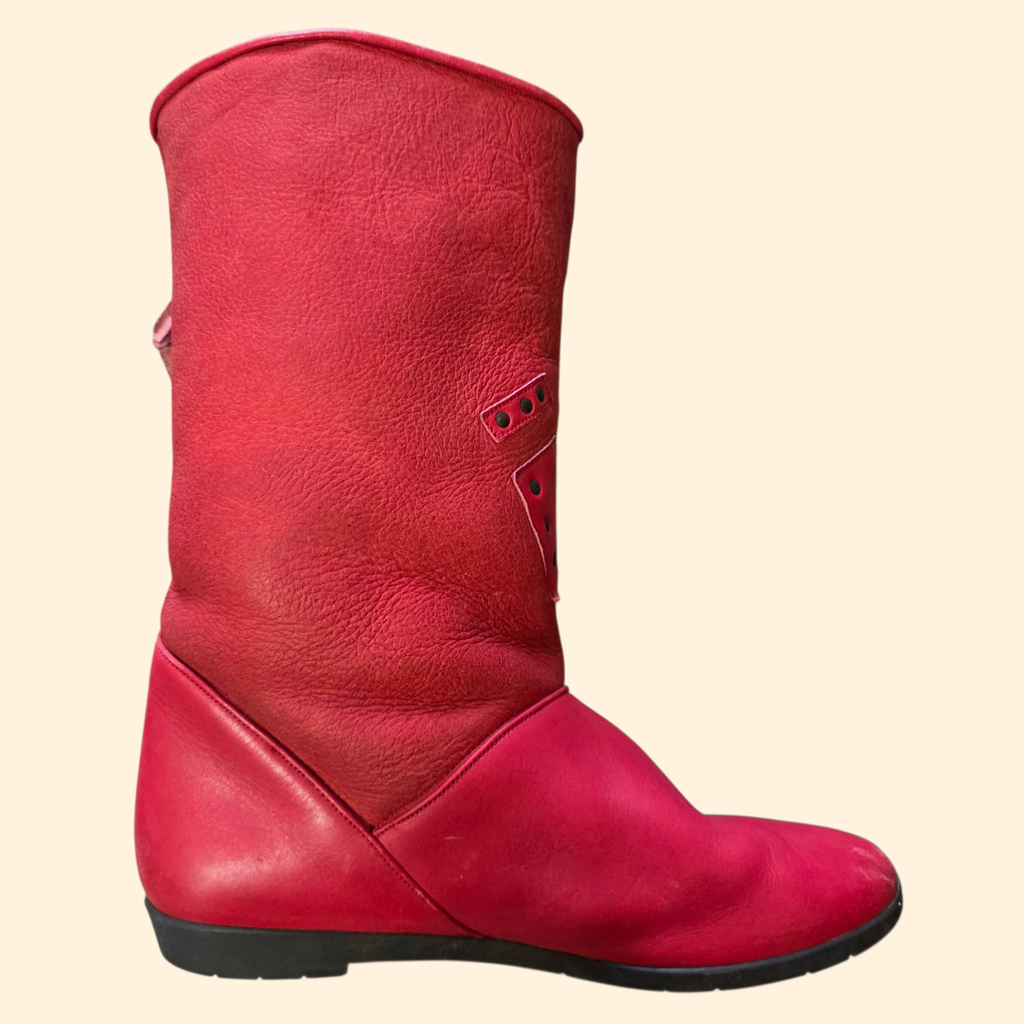 1980s Red Suede and Leather Studded Fringe Boots ~ EU 36 US  5.5 6 ~ Western Red Cowboy Cowgirl