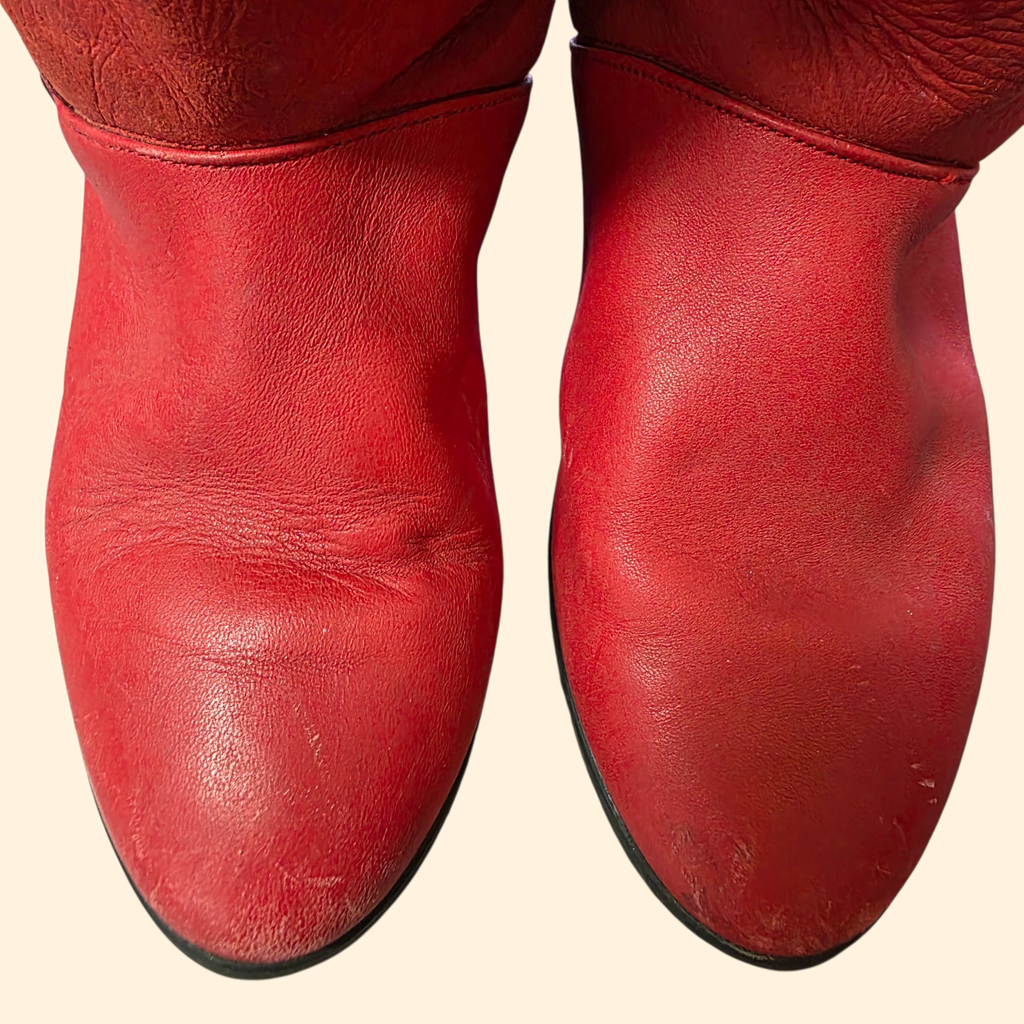 1980s Red Suede and Leather Studded Fringe Boots ~ EU 36 US  5.5 6 ~ Western Red Cowboy Cowgirl