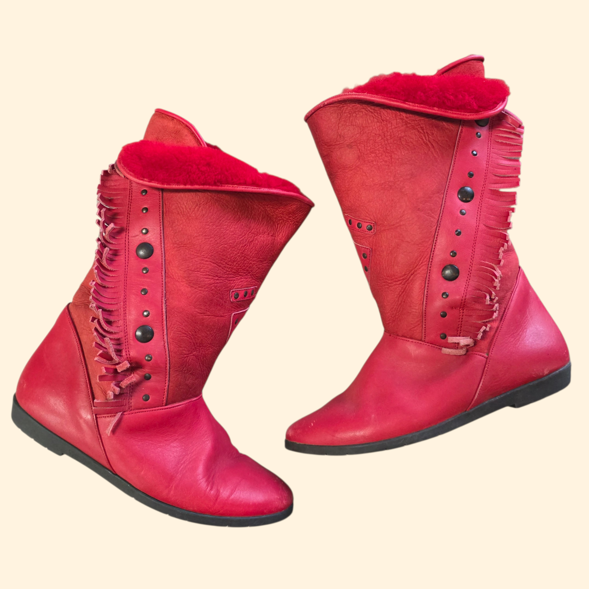 1980s Red Suede and Leather Studded Fringe Boots ~ EU 36 US  5.5 6 ~ Western Red Cowboy Cowgirl