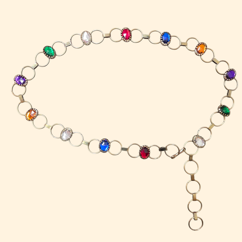 1980s Rainbow Jewel Chain Belt ~ Medium Large ~ Brass Tone