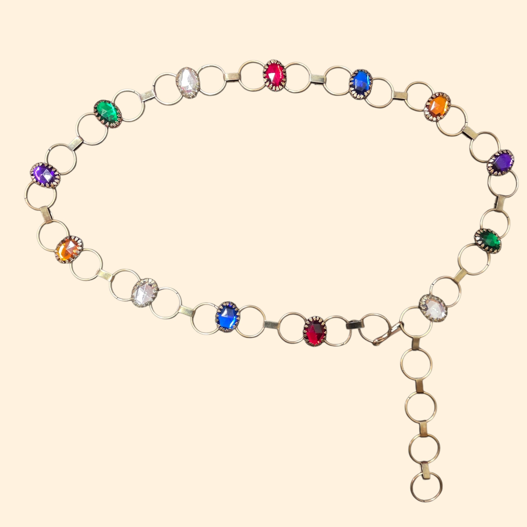 1980s Rainbow Jewel Chain Belt ~ Medium Large ~ Brass Tone