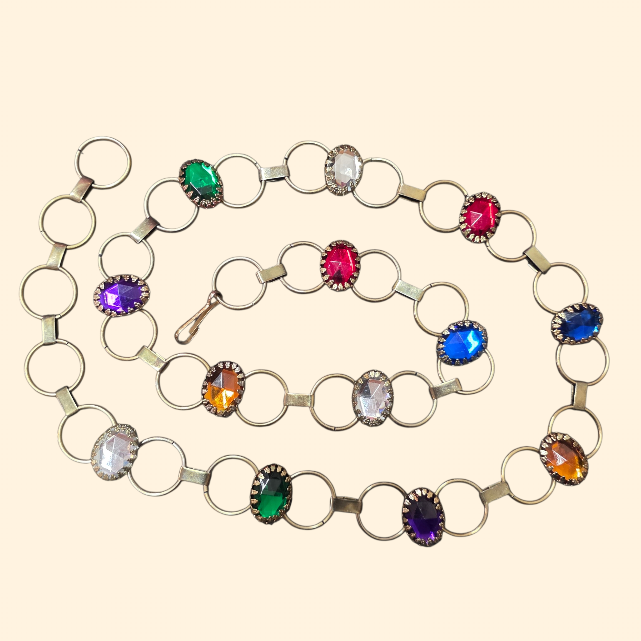 1980s Rainbow Jewel Chain Belt ~ Medium Large ~ Brass Tone