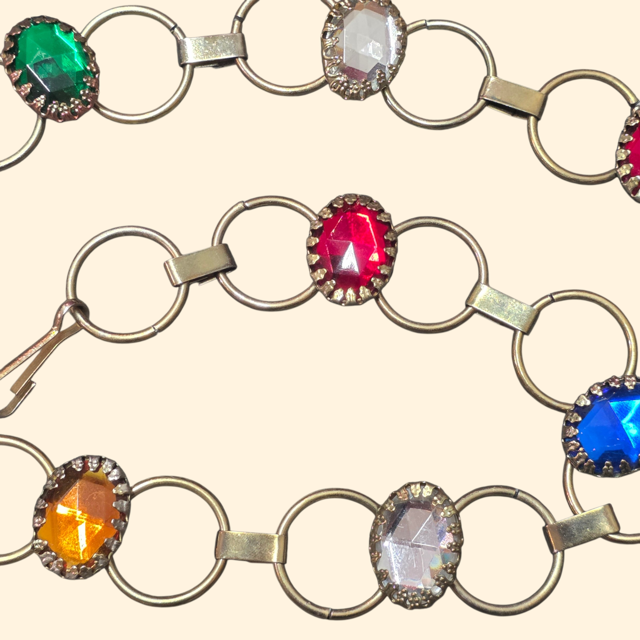1980s Rainbow Jewel Chain Belt ~ Medium Large ~ Brass Tone