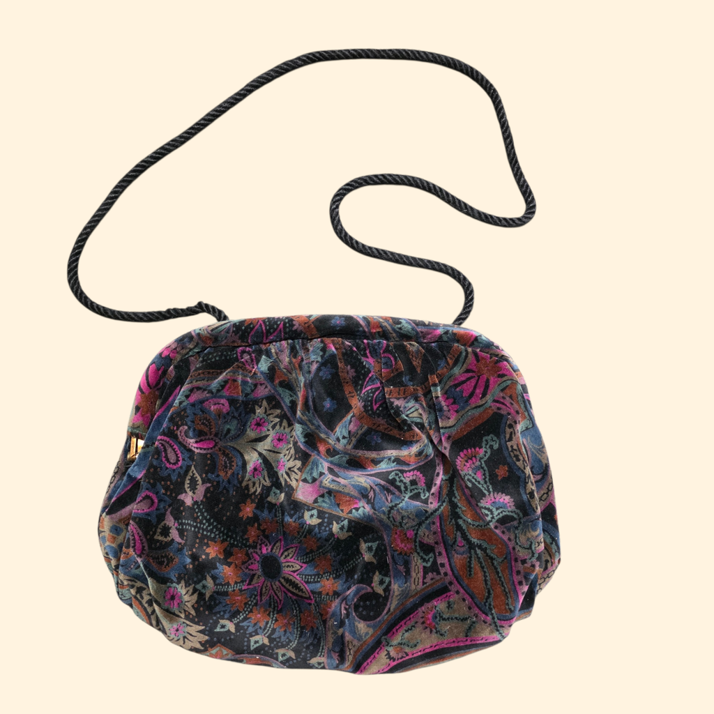 1980s Paisley and Floral Velvet Crossbody Purse