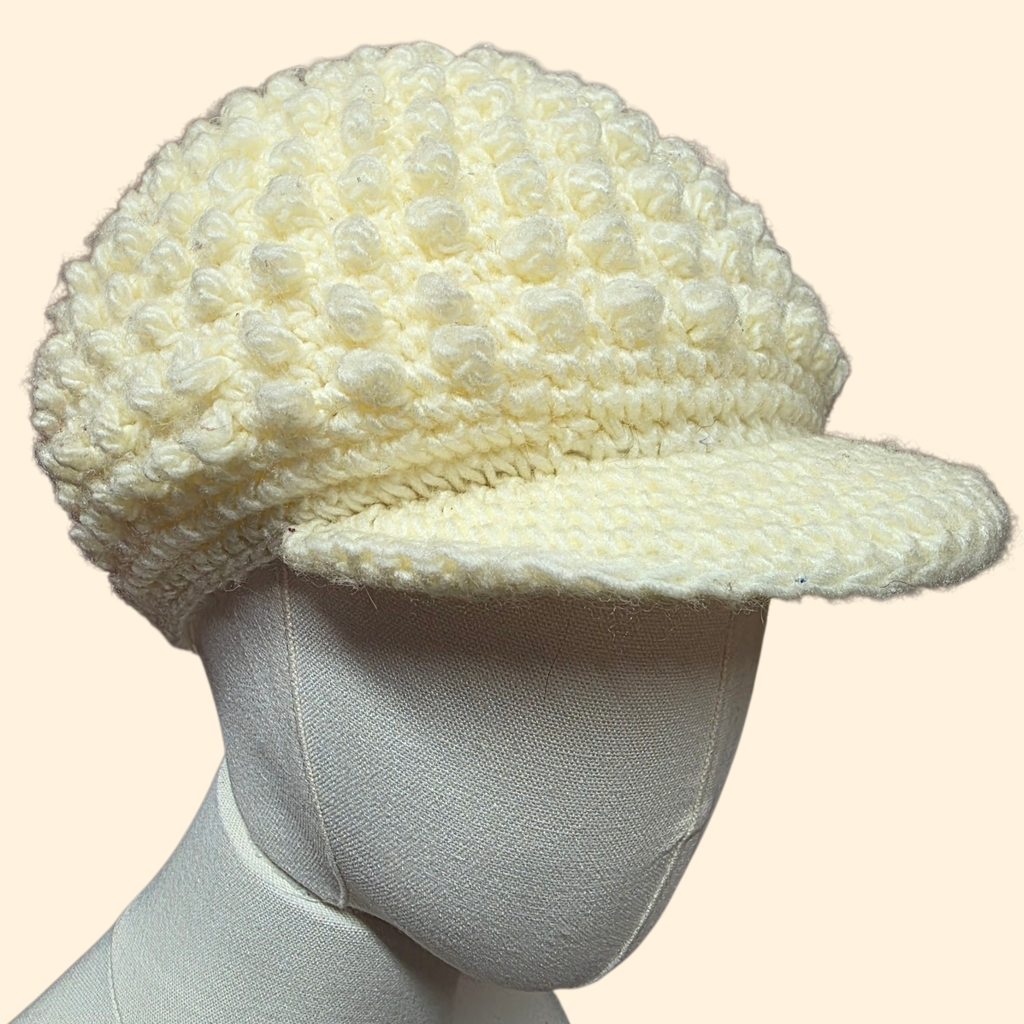 1970s Cream Popcorn Crochet Newsboy Hat ~ Knit Tam