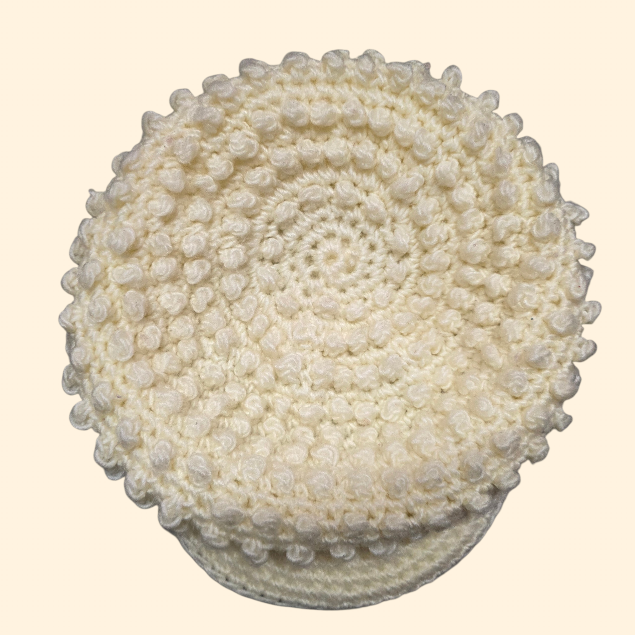 1970s Cream Popcorn Crochet Newsboy Hat ~ Knit Tam