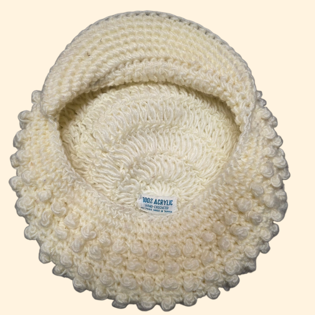 1970s Cream Popcorn Crochet Newsboy Hat ~ Knit Tam