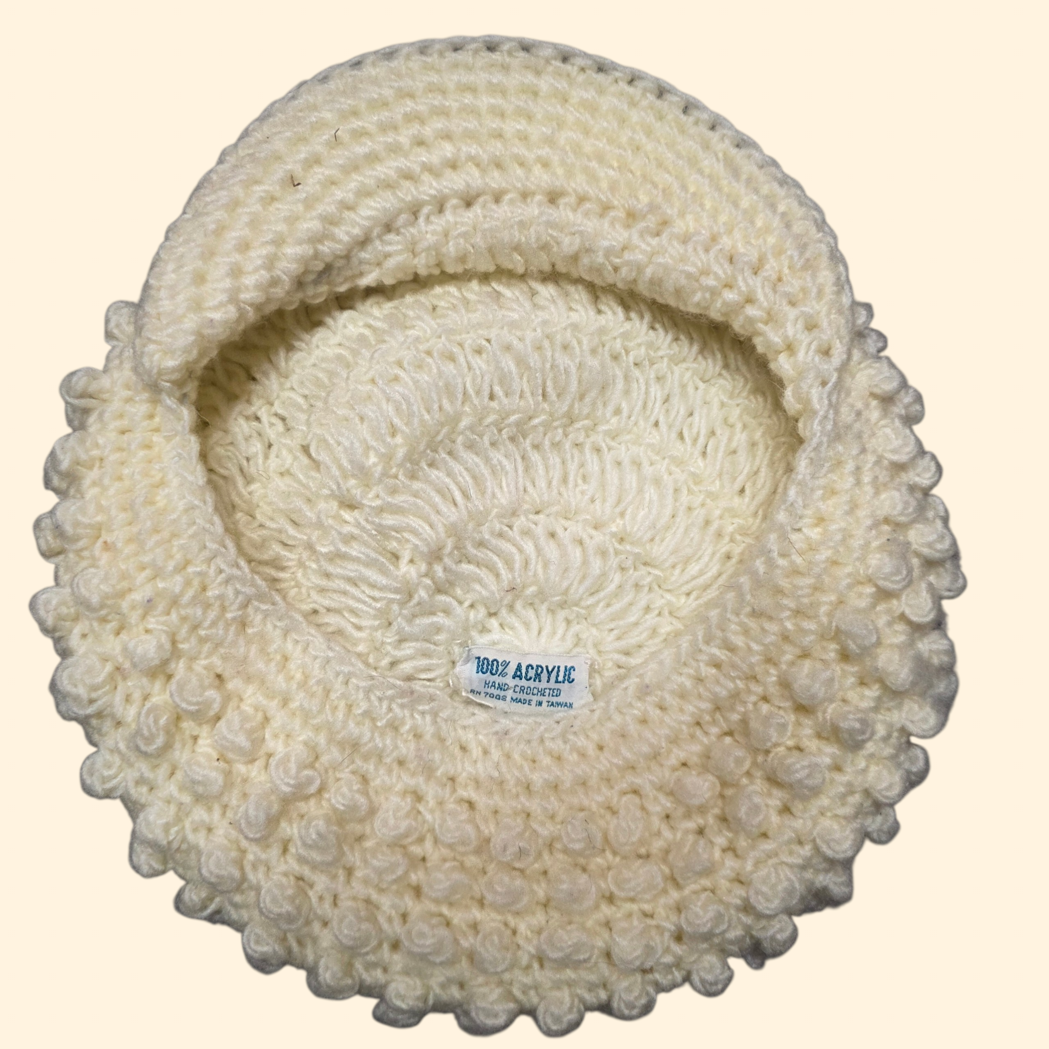 1970s Cream Popcorn Crochet Newsboy Hat ~ Knit Tam