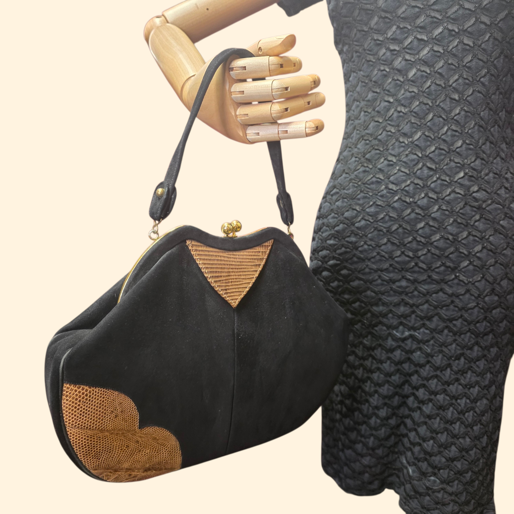 1960s Black Velvet with Faux Alligator Handbag ~ Kiss Lock