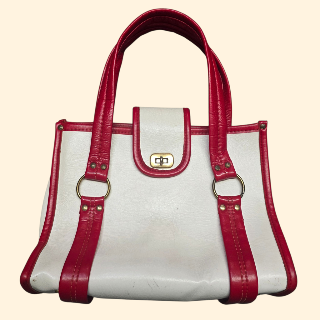 1960s Mod White and Red Vinyl Handbag ~ Purse Tote Faux Leather