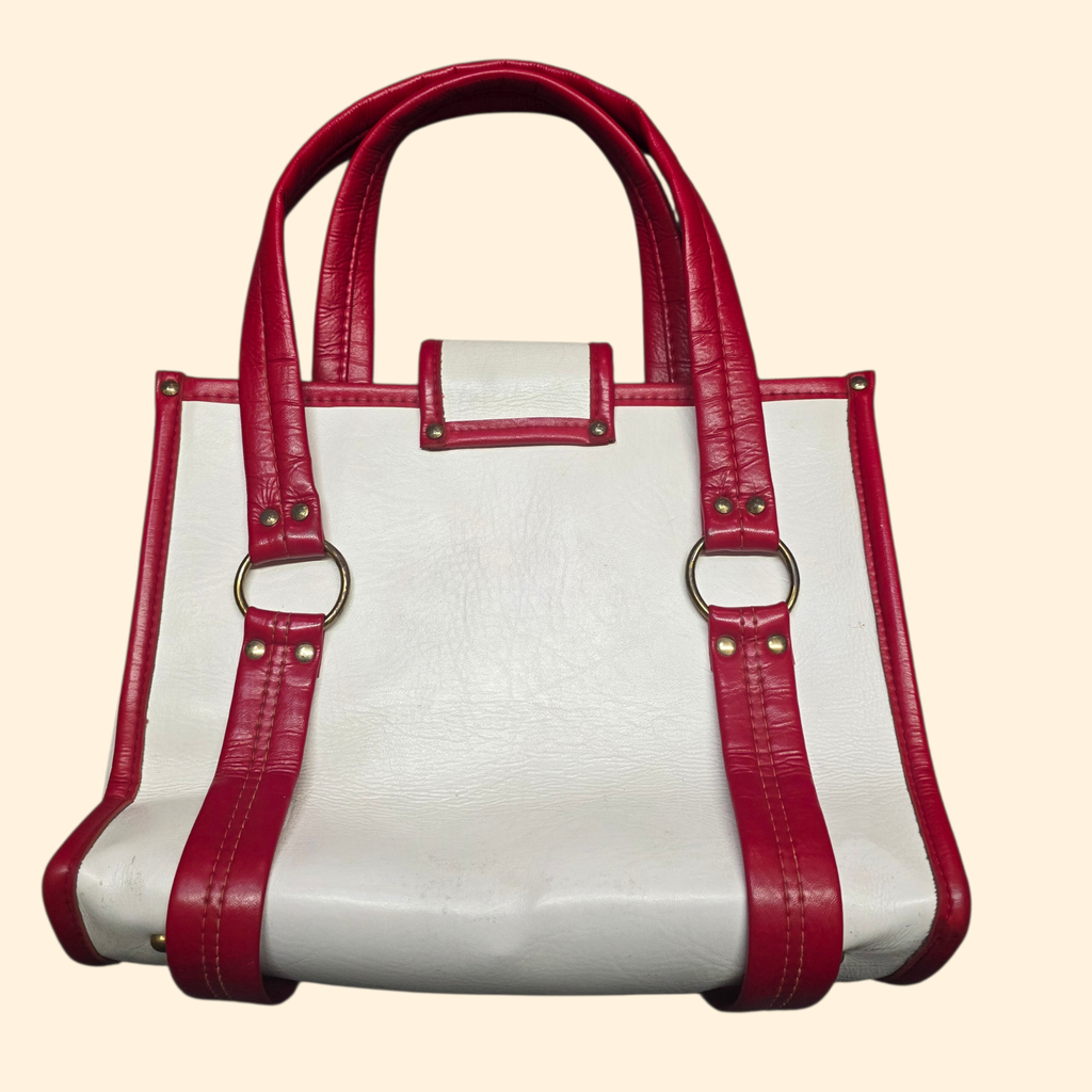 1960s Mod White and Red Vinyl Handbag ~ Purse Tote Faux Leather