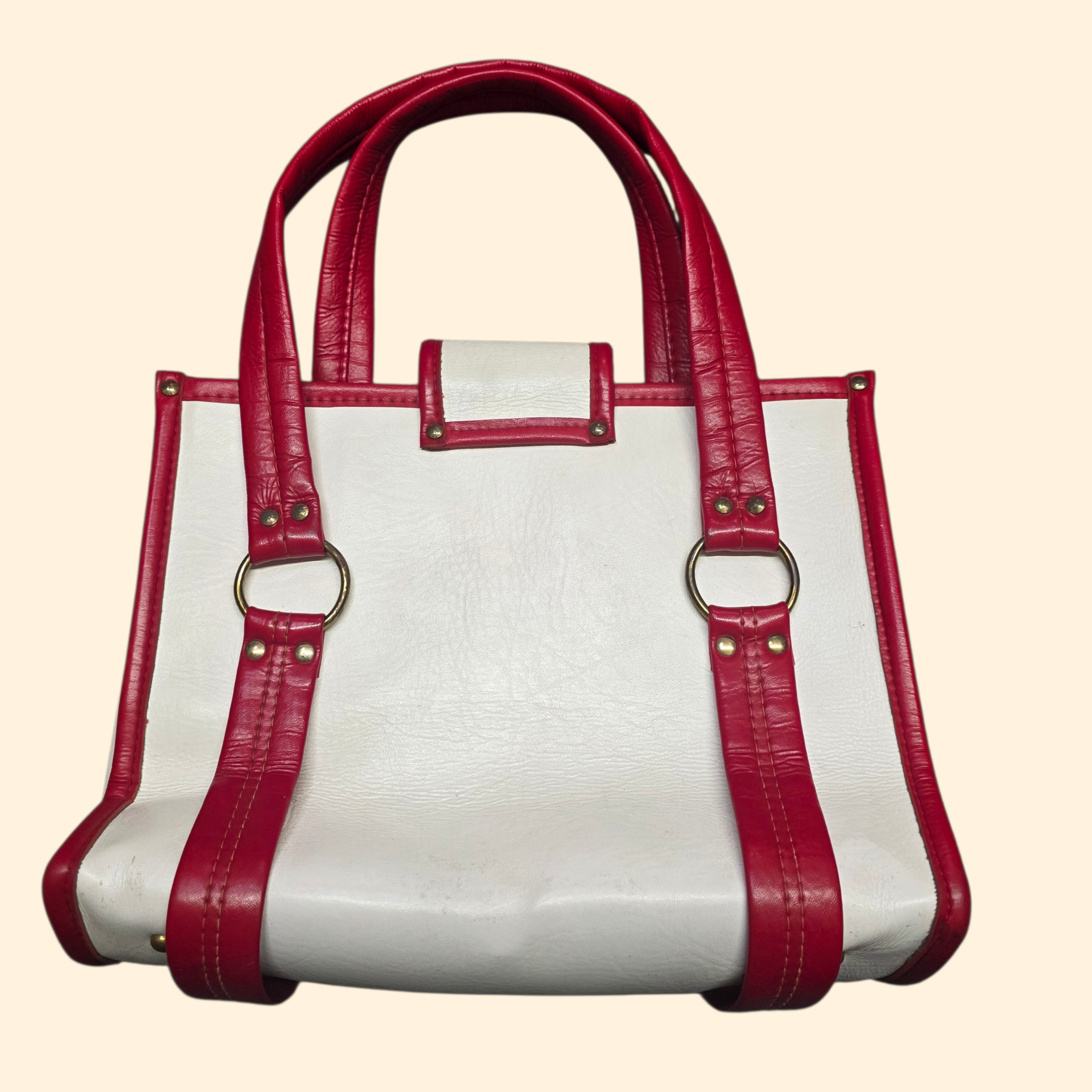 1960s Mod White and Red Vinyl Handbag ~ Purse Tote Faux Leather