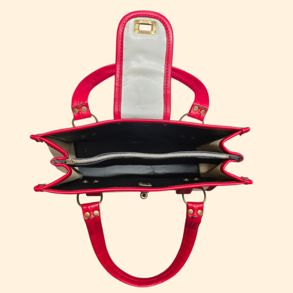 1960s Mod White and Red Vinyl Handbag ~ Purse Tote Faux Leather