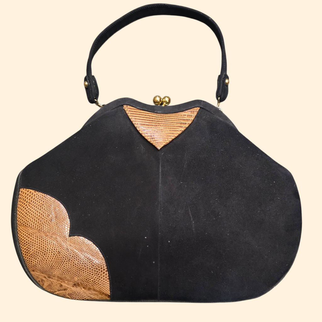 1960s Black Velvet with Faux Alligator Handbag ~ Kiss Lock