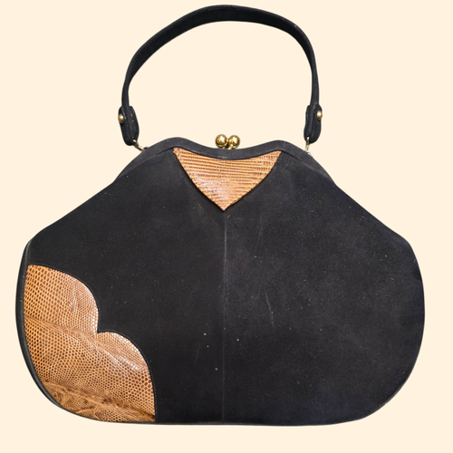 1960s Black Velvet with Faux Alligator Handbag ~ Kiss Lock