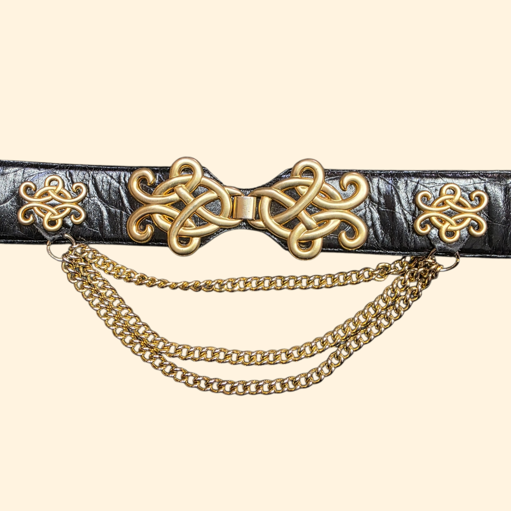 1980s Avignon Black Leather Wide Statement Belt ~ Gold Tone Chain