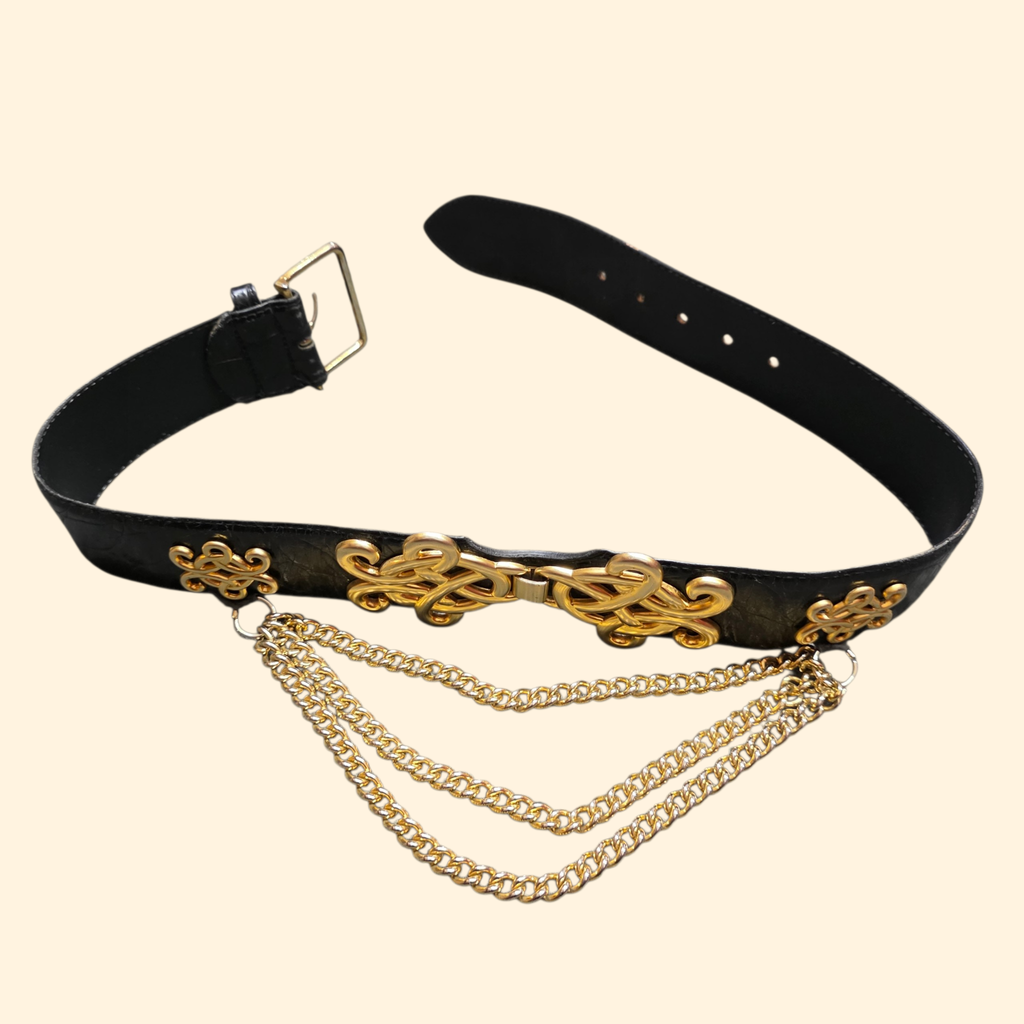 1980s Avignon Black Leather Wide Statement Belt ~ Gold Tone Chain