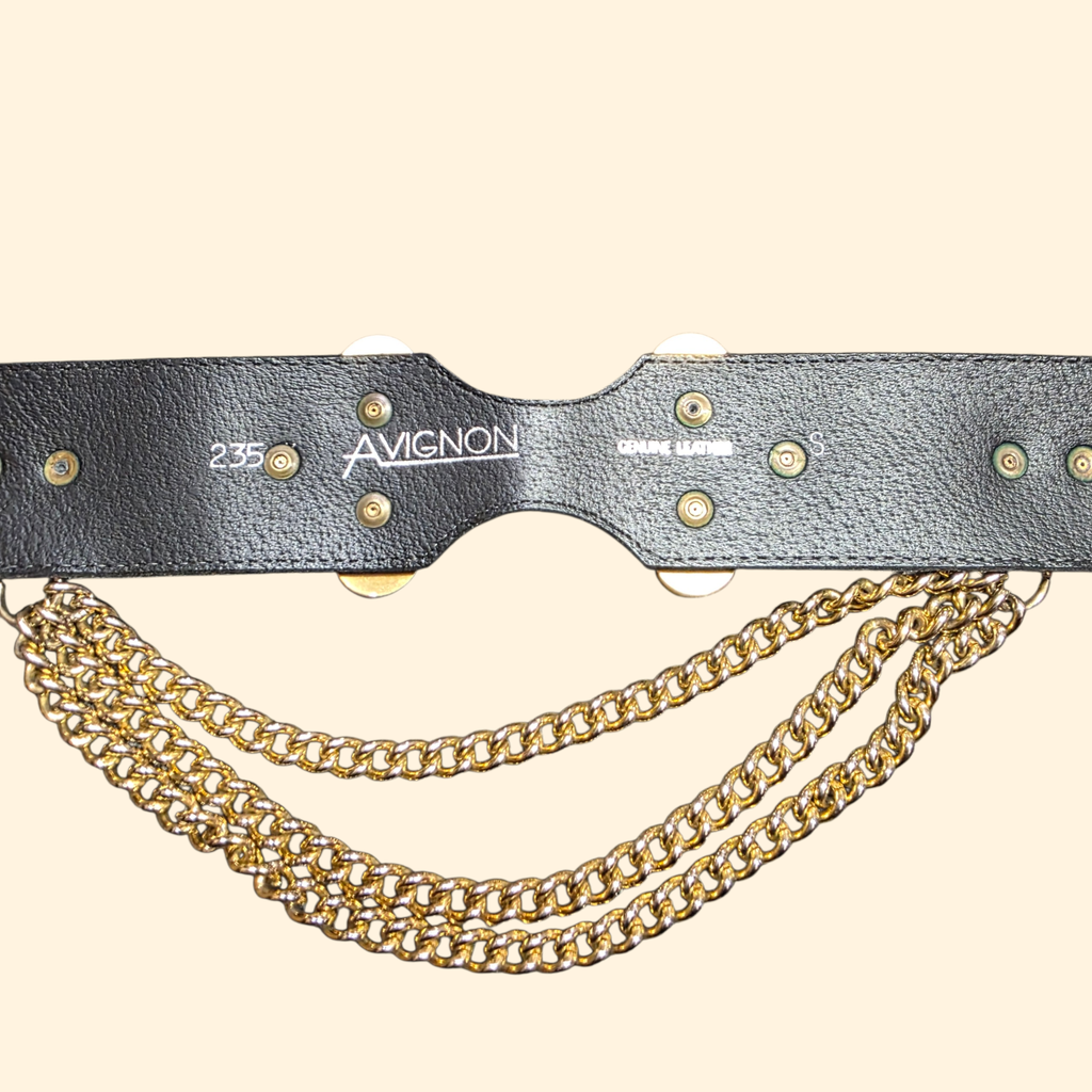 1980s Avignon Black Leather Wide Statement Belt ~ Gold Tone Chain