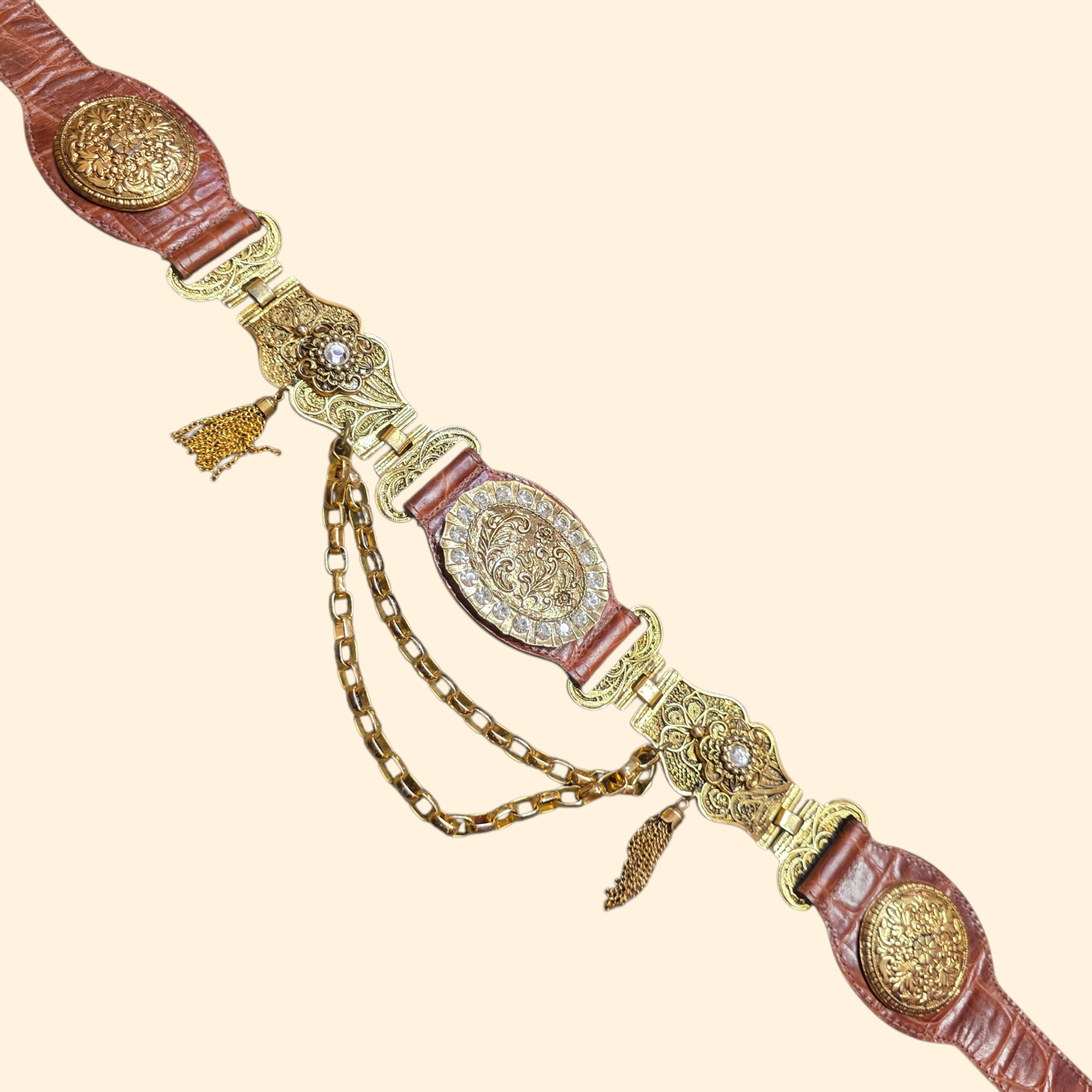 1990s Brown Leather and Gold Tone Statement Belt ~ Chain Rhinestone Tassel Filligree Crocodile Alligator