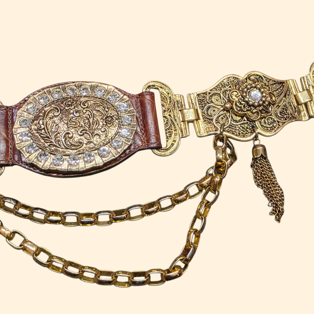 1990s Brown Leather and Gold Tone Statement Belt ~ Chain Rhinestone Tassel Filligree Crocodile Alligator