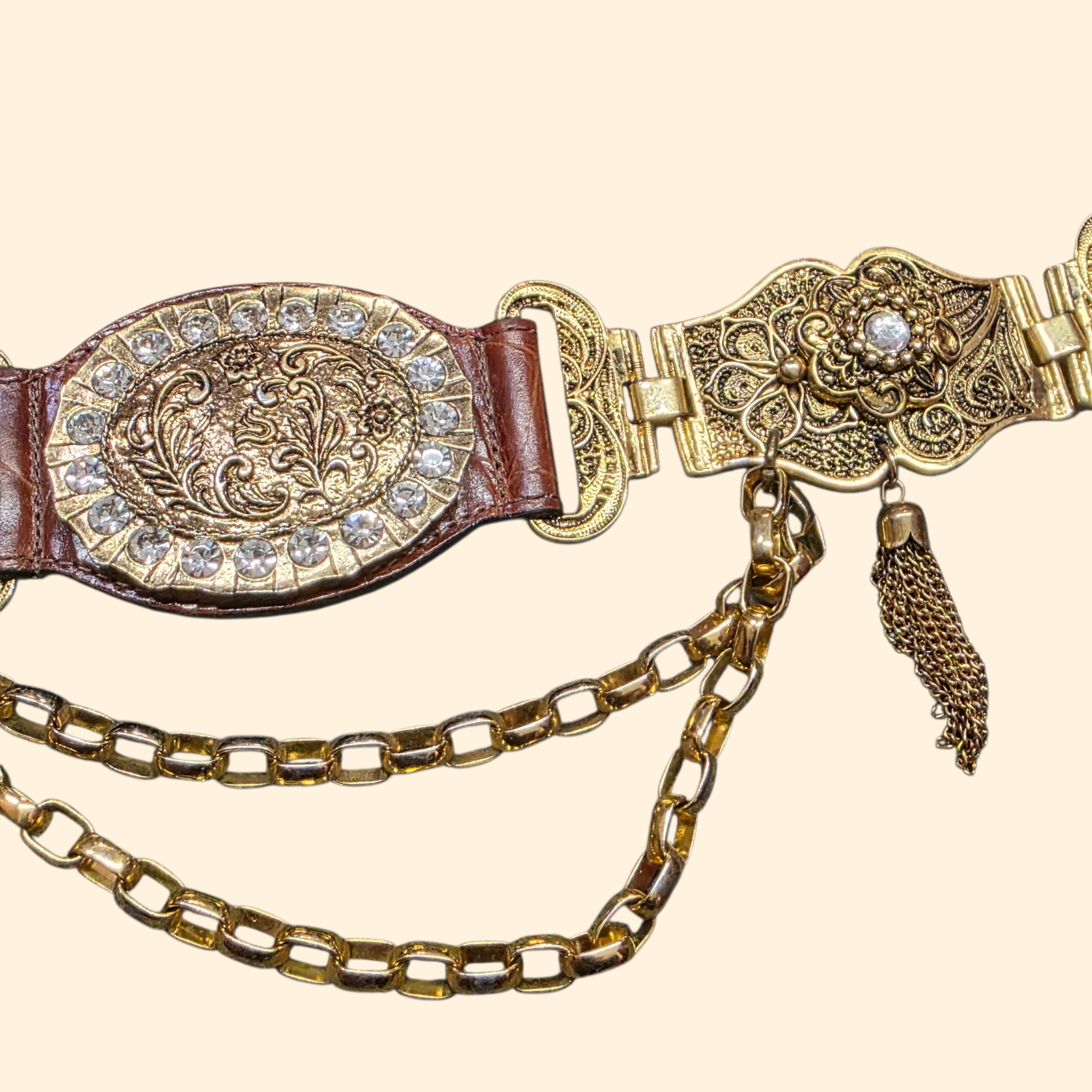 1990s Brown Leather and Gold Tone Statement Belt ~ Chain Rhinestone Tassel Filligree Crocodile Alligator