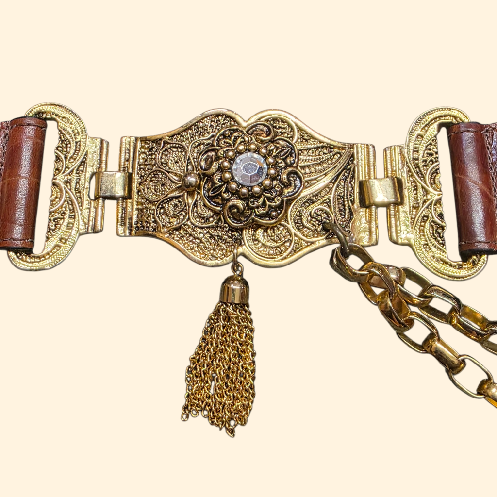 1990s Brown Leather and Gold Tone Statement Belt ~ Chain Rhinestone Tassel Filligree Crocodile Alligator