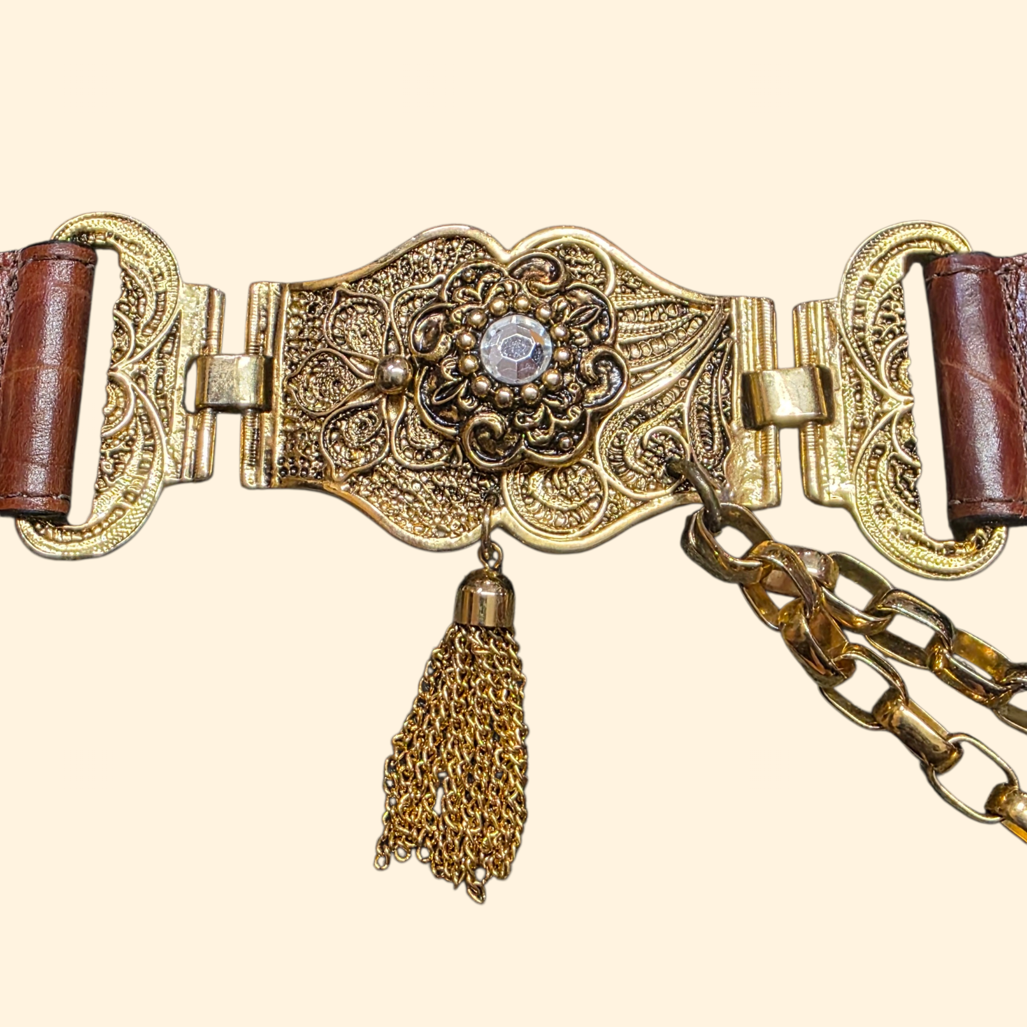 1990s Brown Leather and Gold Tone Statement Belt ~ Chain Rhinestone Tassel Filligree Crocodile Alligator