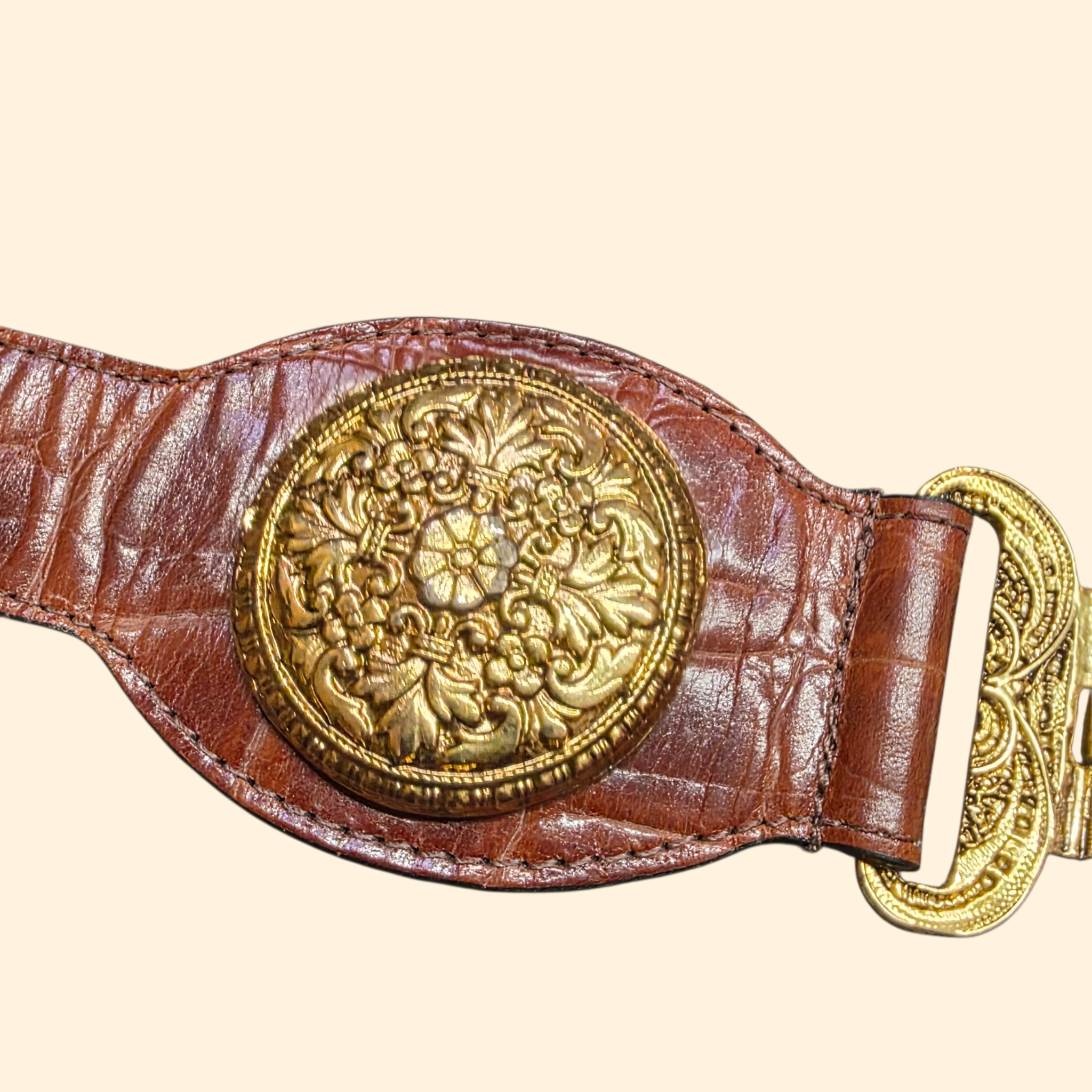 1990s Brown Leather and Gold Tone Statement Belt ~ Chain Rhinestone Tassel Filligree Crocodile Alligator