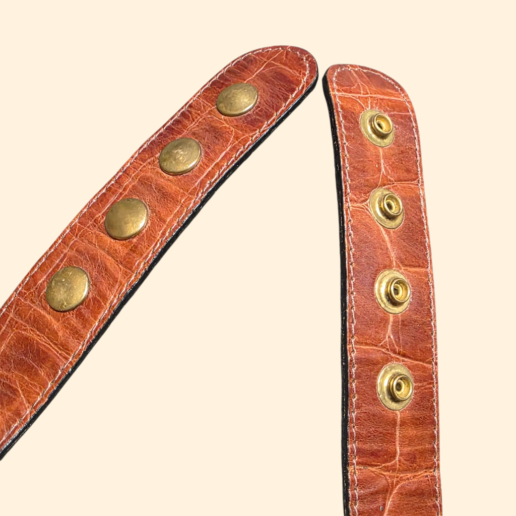 1990s Brown Leather and Gold Tone Statement Belt ~ Chain Rhinestone Tassel Filligree Crocodile Alligator