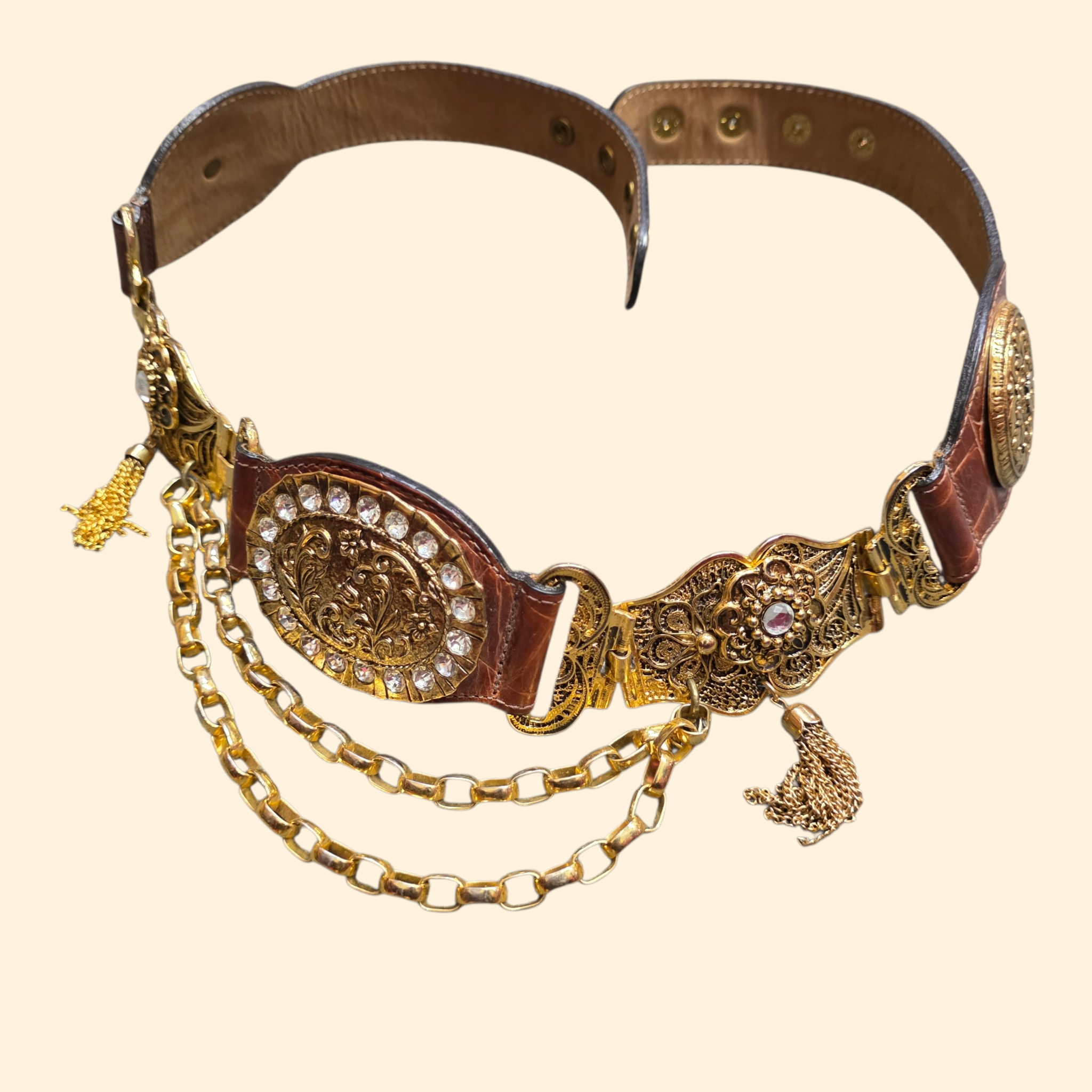 1990s Brown Leather and Gold Tone Statement Belt ~ Chain Rhinestone Tassel Filligree Crocodile Alligator