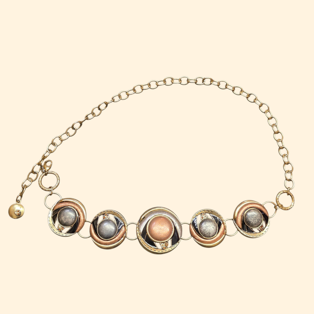 1990s Brass Tone Jeweled Chain Belt ~ Chicos Mixed Metal Medallion