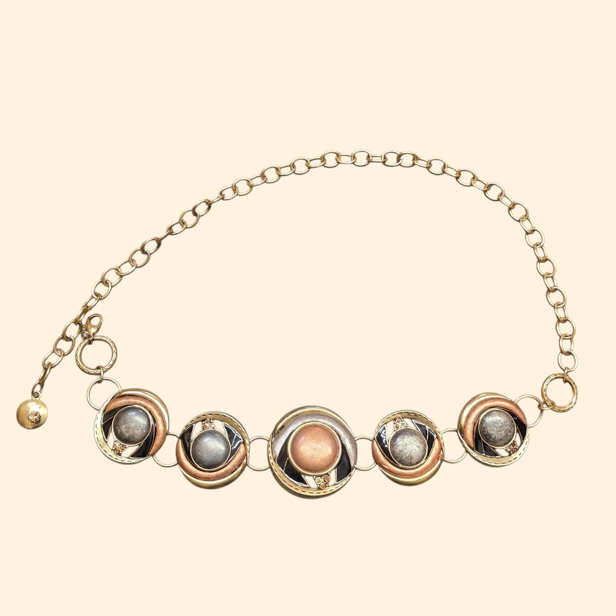 1990s Brass Tone Jeweled Chain Belt ~ Chicos Mixed Metal Medallion