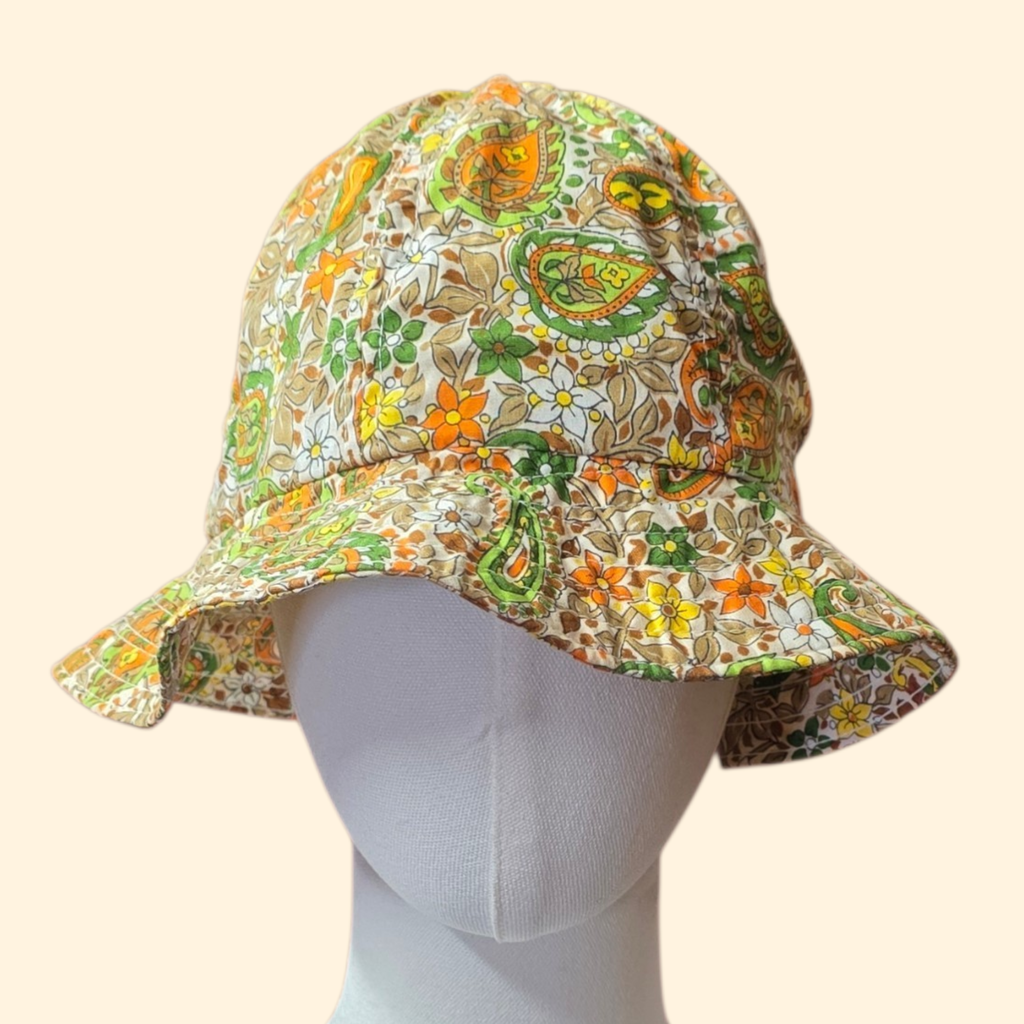 1960s Paisley Flower Power Bucket Hat ~ Orange Green Yellow