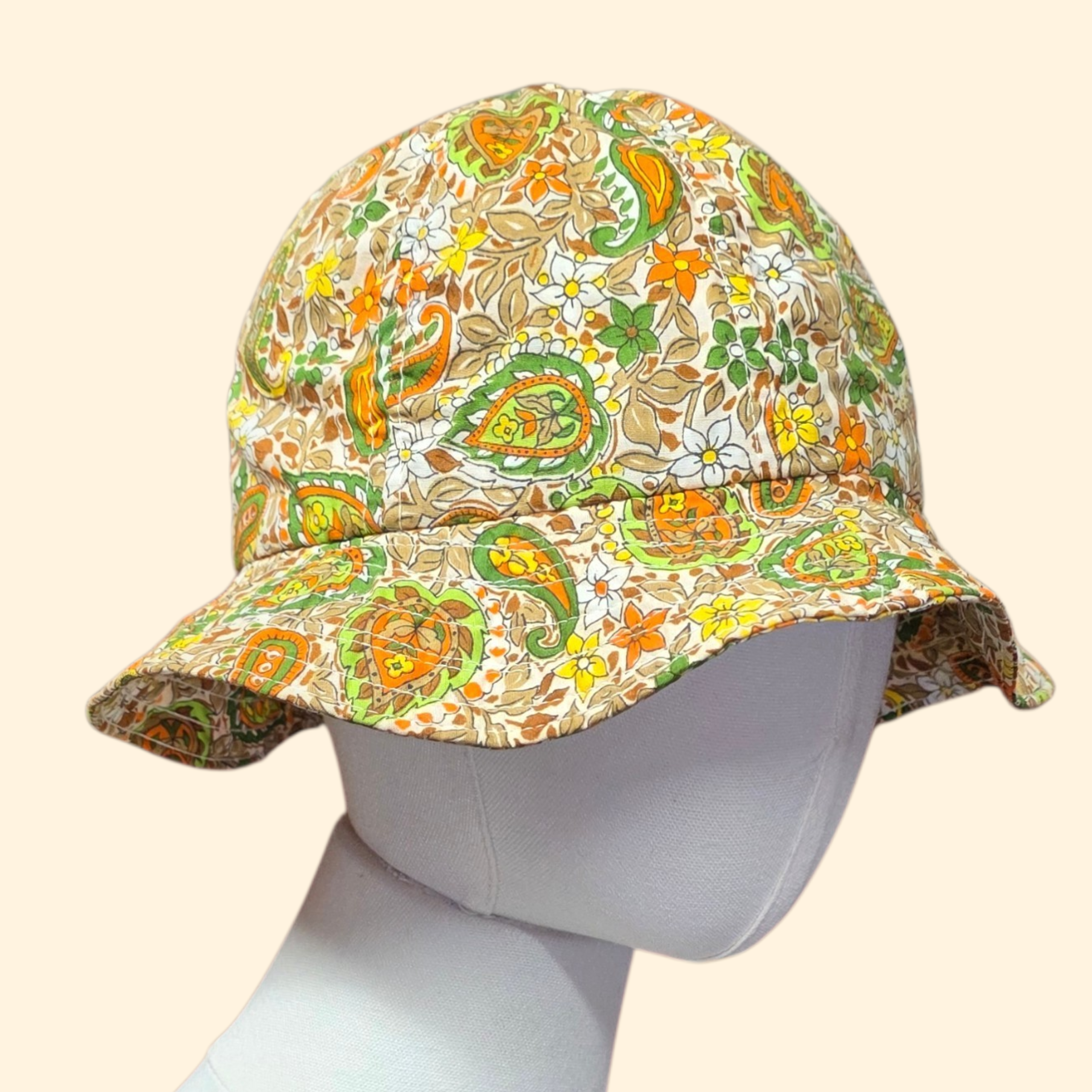 1960s Paisley Flower Power Bucket Hat ~ Orange Green Yellow