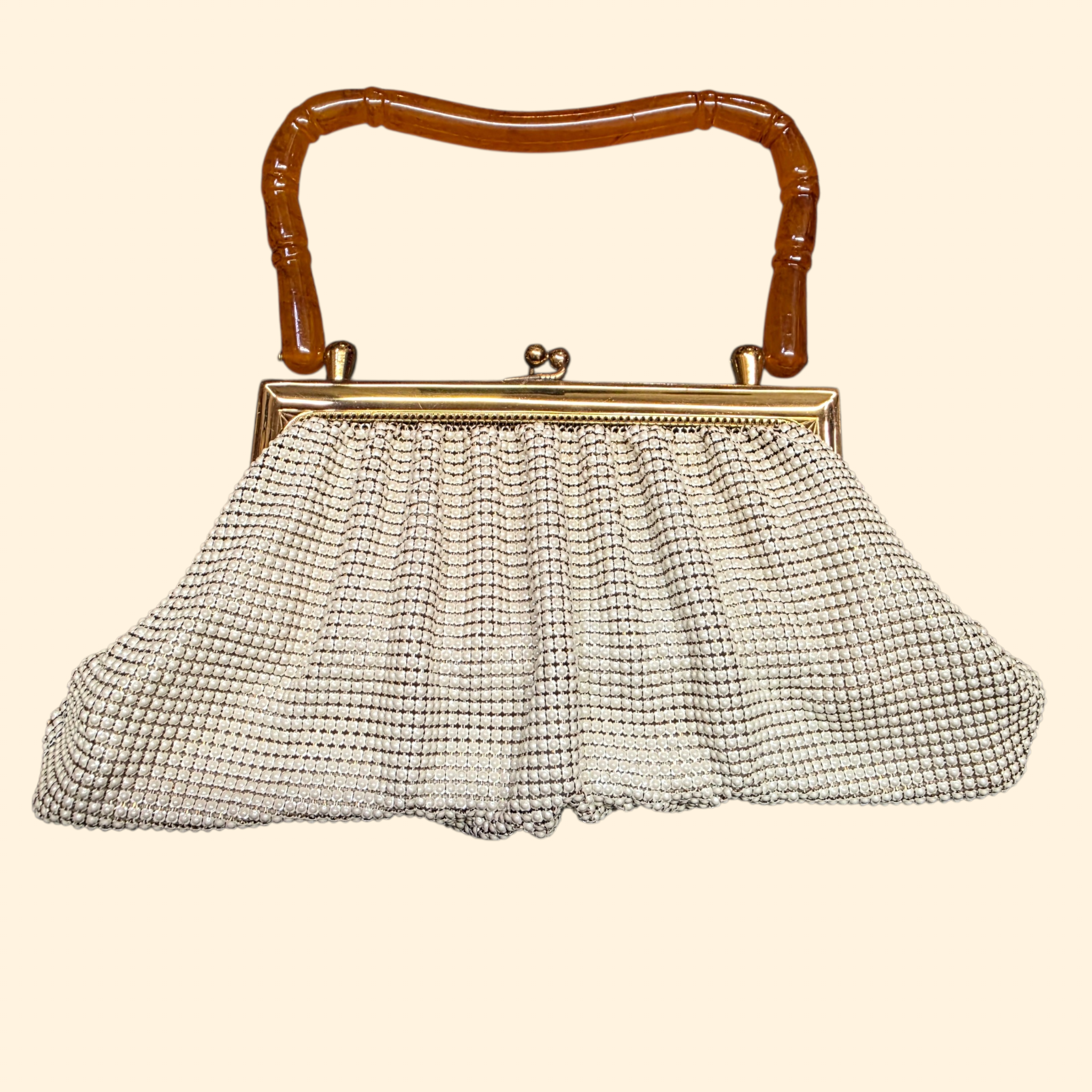 1960s Whiting and Davis Ivory Chain Mail Handbag~ Bamboo Bakelite Lucite Metal Mesh Purse Kiss Lock