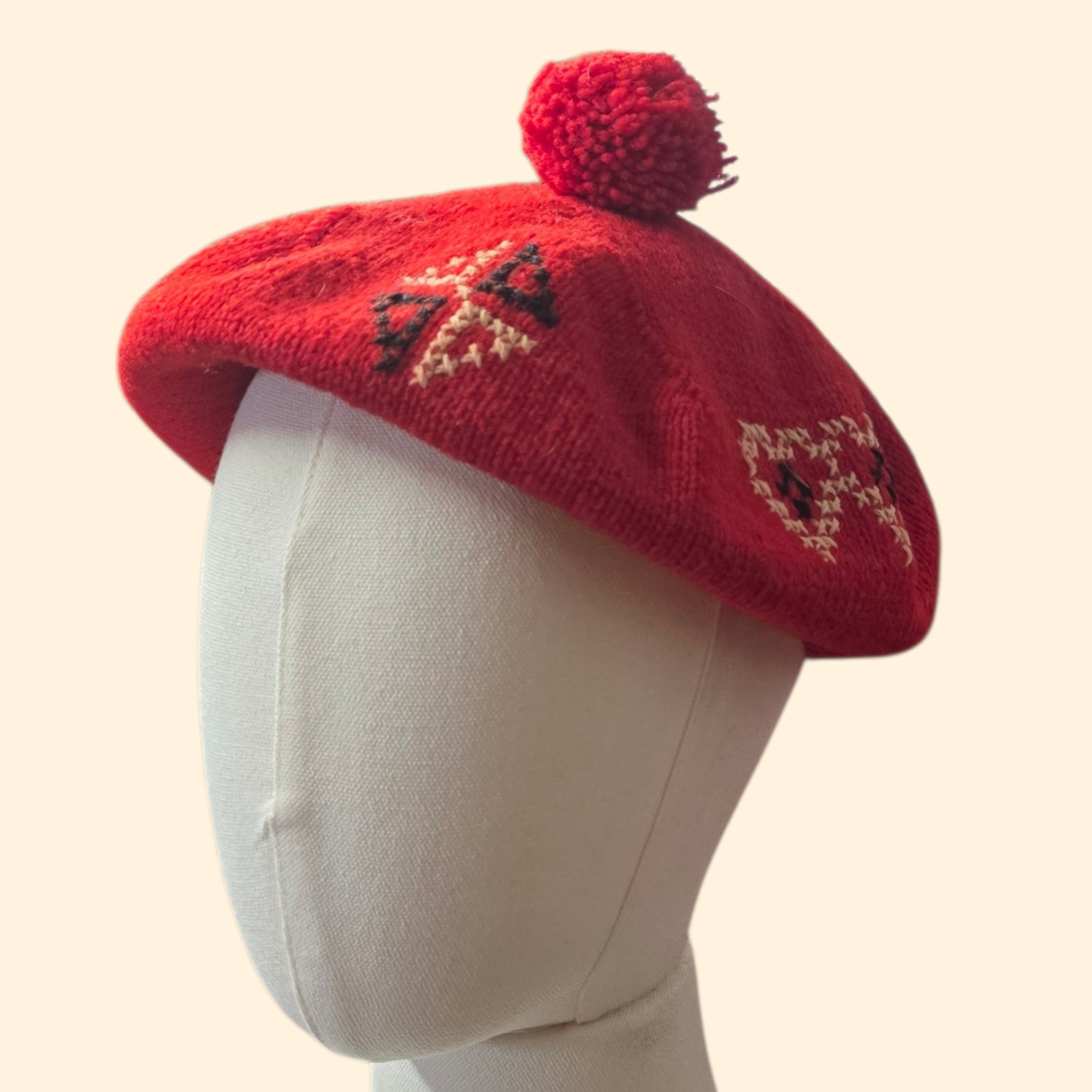 1960s Red Wool Knit Beret ~ Novelty Pom Pom