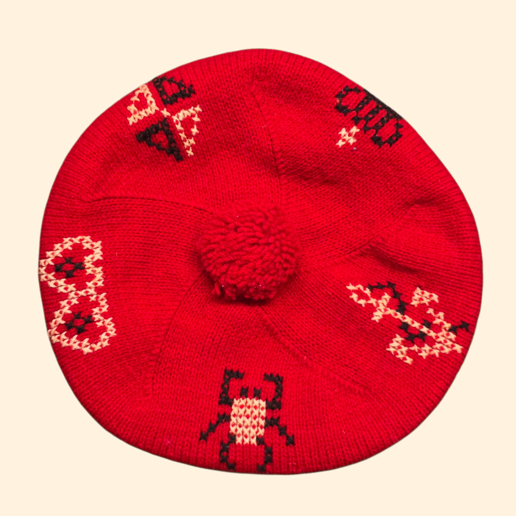 1960s Red Wool Knit Beret ~ Novelty Pom Pom