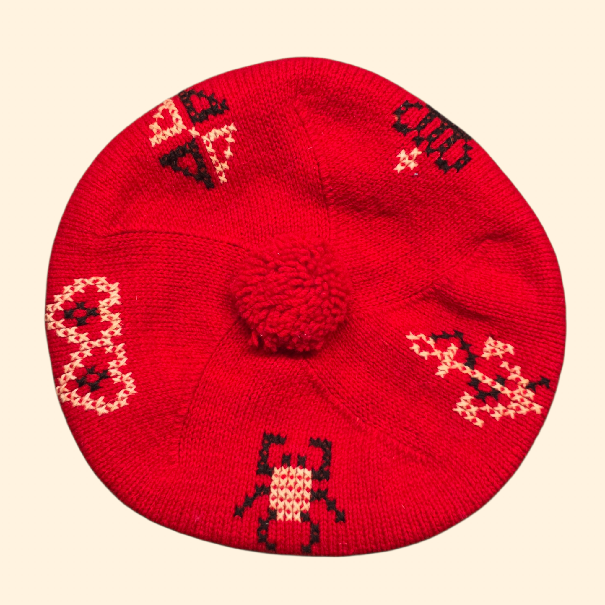 1960s Red Wool Knit Beret ~ Novelty Pom Pom