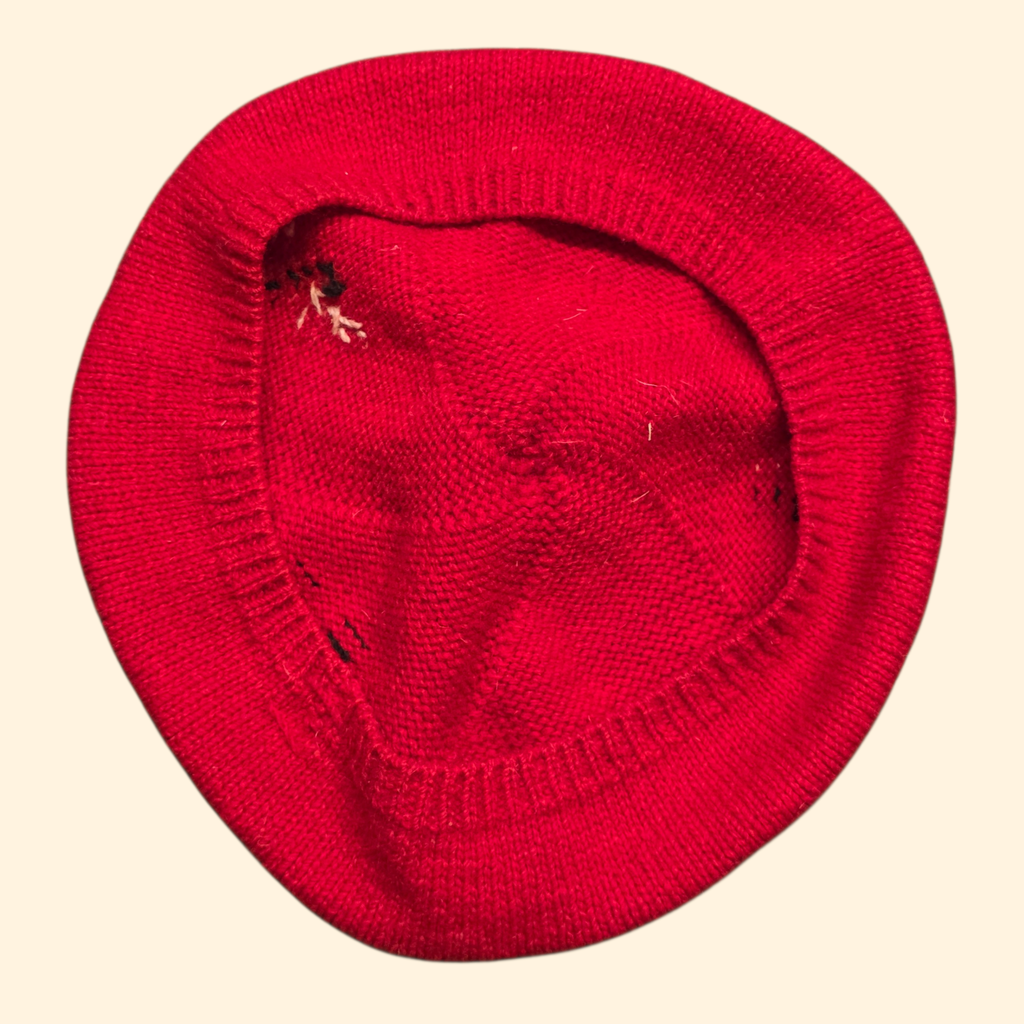 1960s Red Wool Knit Beret ~ Novelty Pom Pom