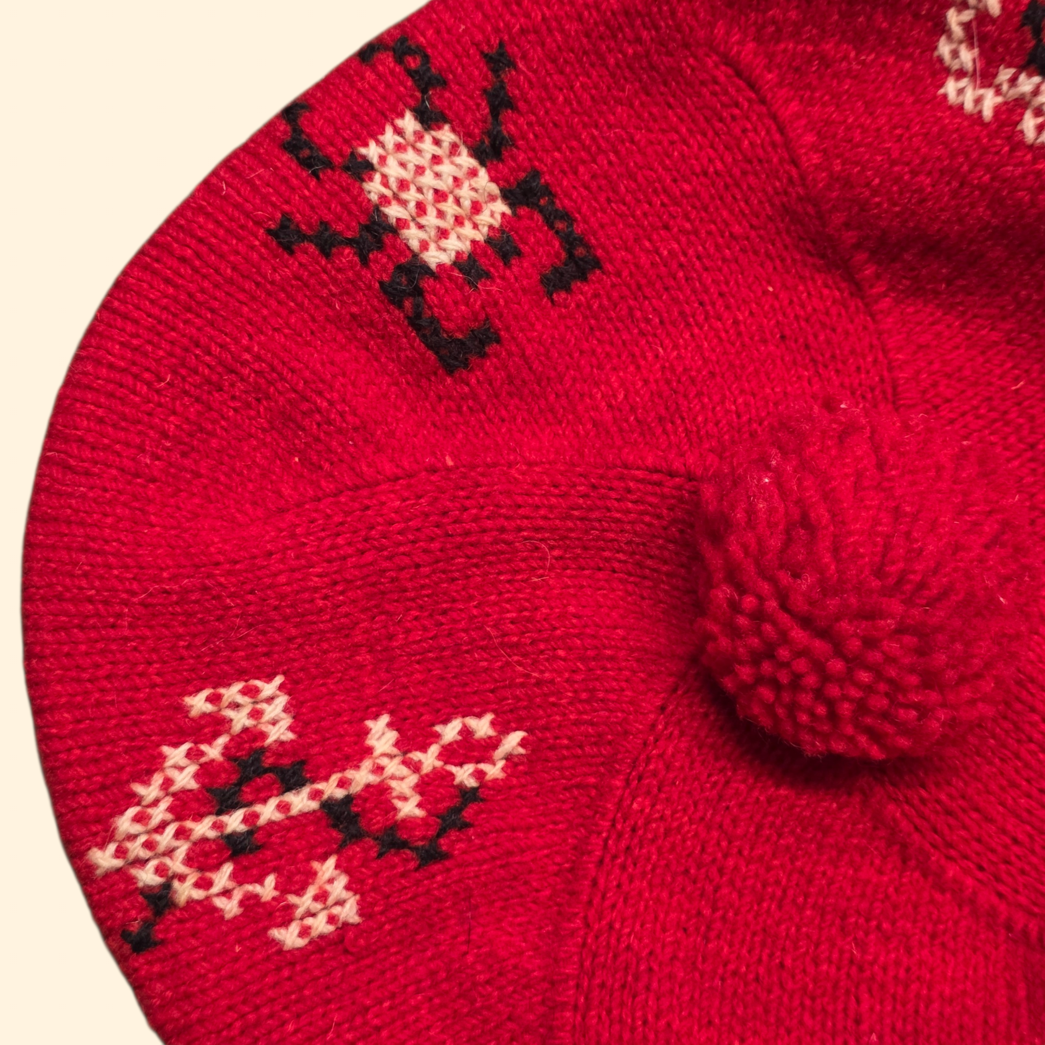 1960s Red Wool Knit Beret ~ Novelty Pom Pom