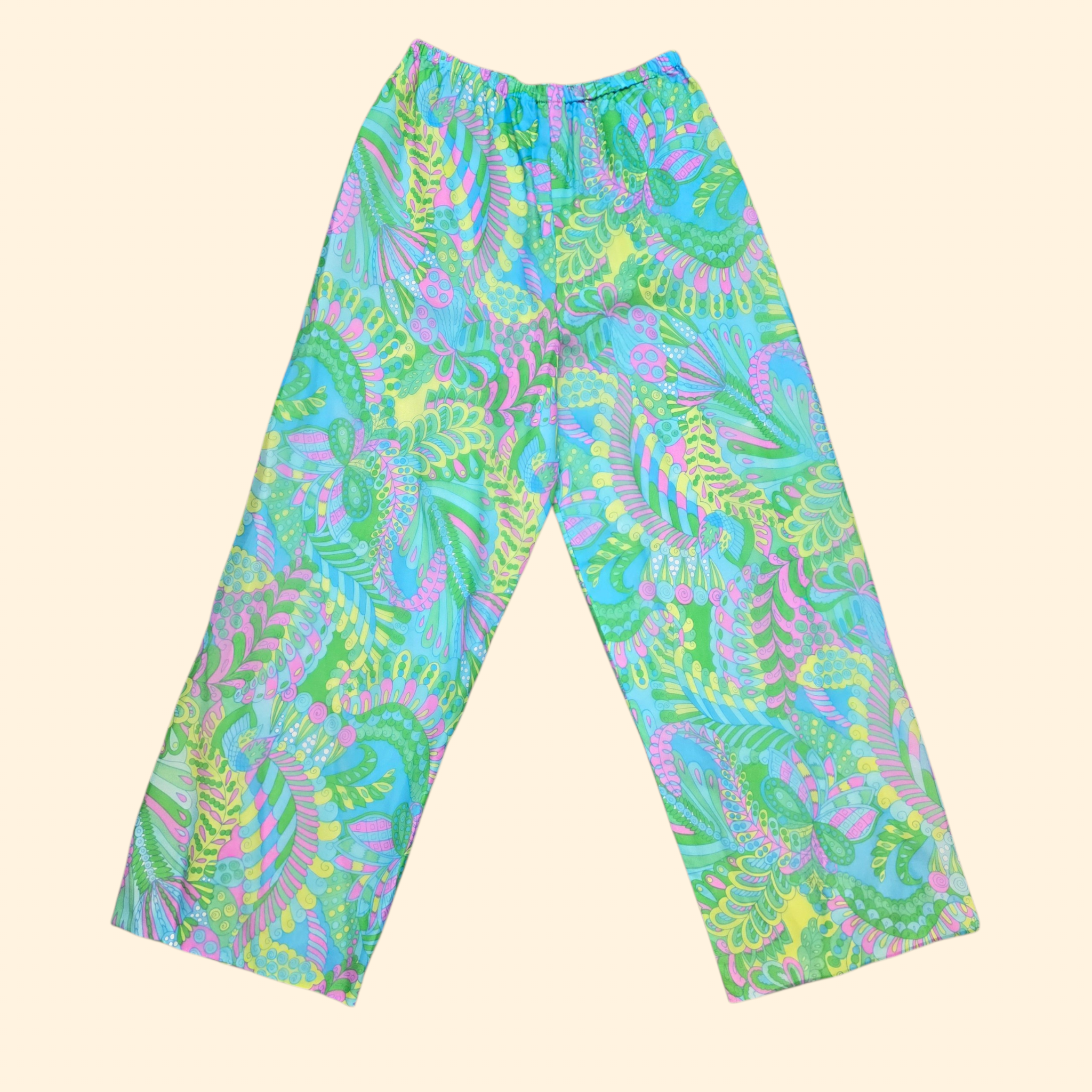 1960s Psychedelic Paisley Wide Leg Pants ~ Large ~ Ultra High Rise Palazzo Teal