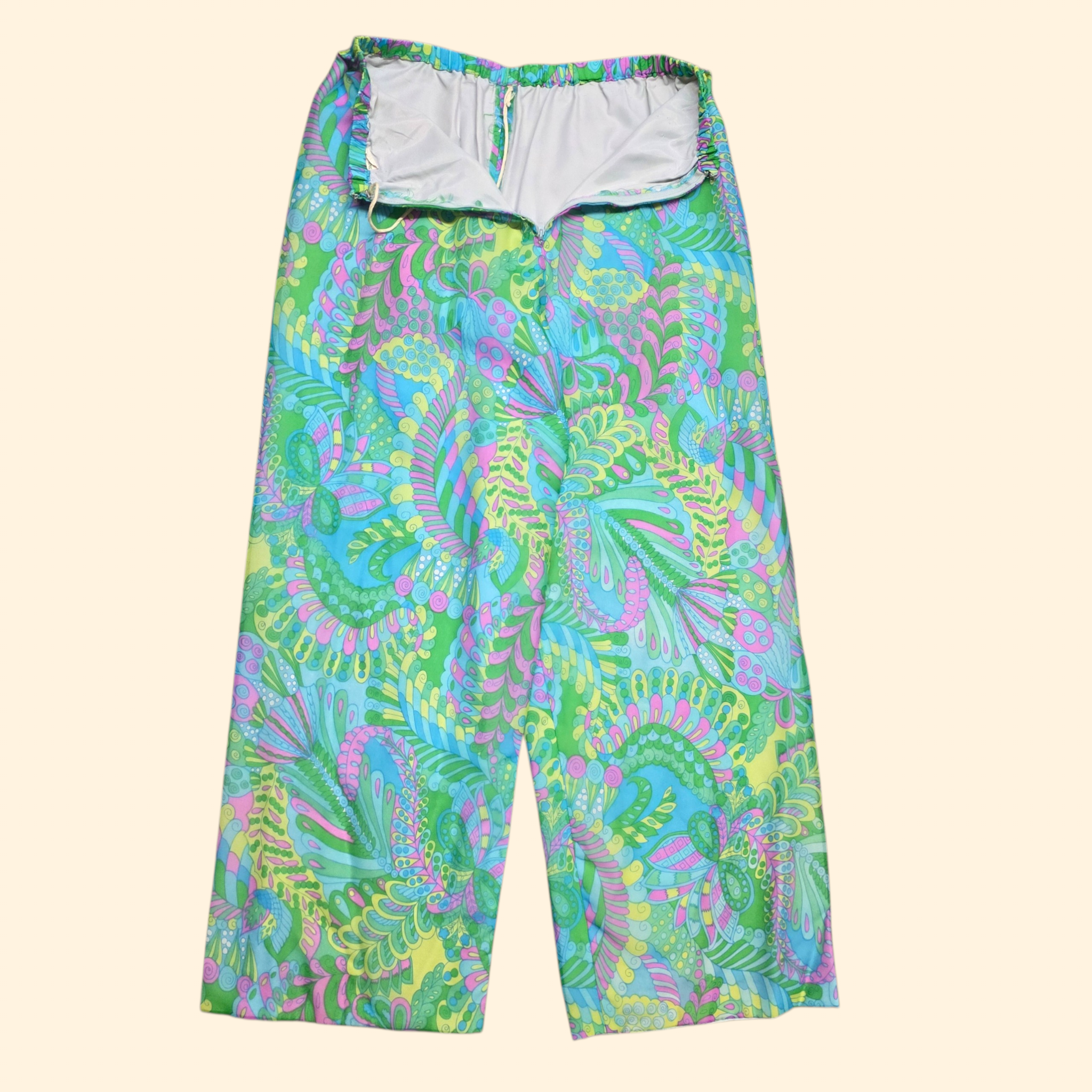 1960s Psychedelic Paisley Wide Leg Pants ~ Large ~ Ultra High Rise Palazzo Teal