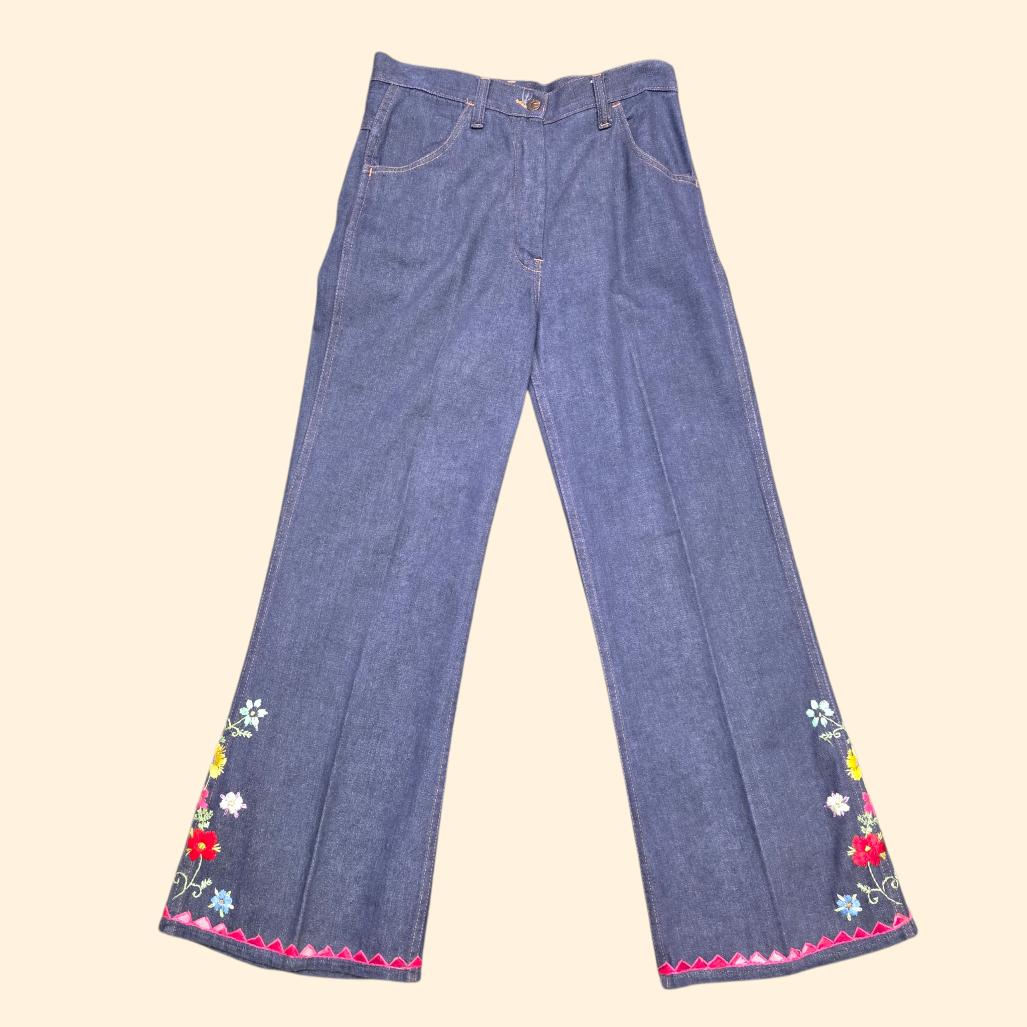 1970s Floral Embroidered Bell Bottom Jeans ~ Medium ~ High Rise Flare Bareback