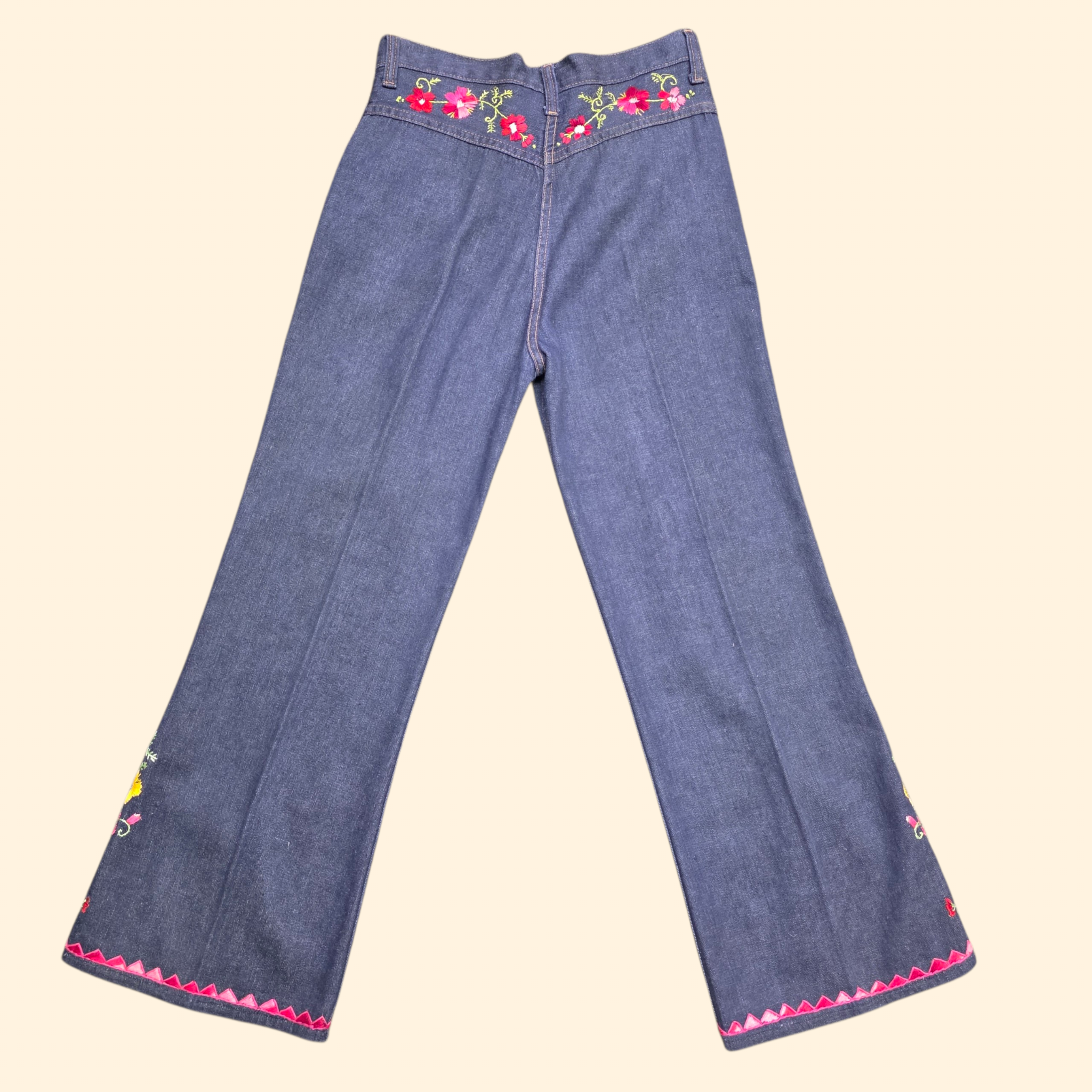 1970s Floral Embroidered Bell Bottom Jeans ~ Medium ~ High Rise Flare Bareback