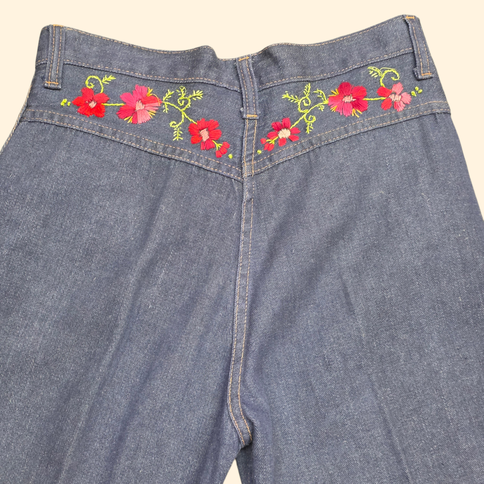 1970s Floral Embroidered Bell Bottom Jeans ~ Medium ~ High Rise Flare Bareback