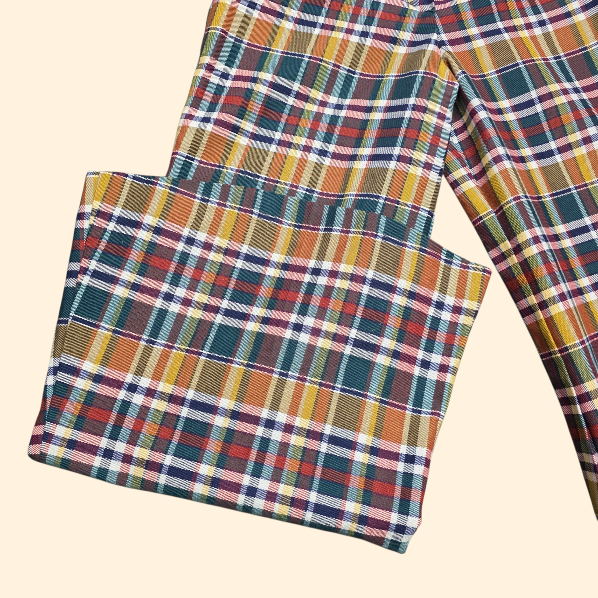 1970s Plaid Bell Bottom Pants ~ Extra Small / Small ~ High Rise Bareback Flares
